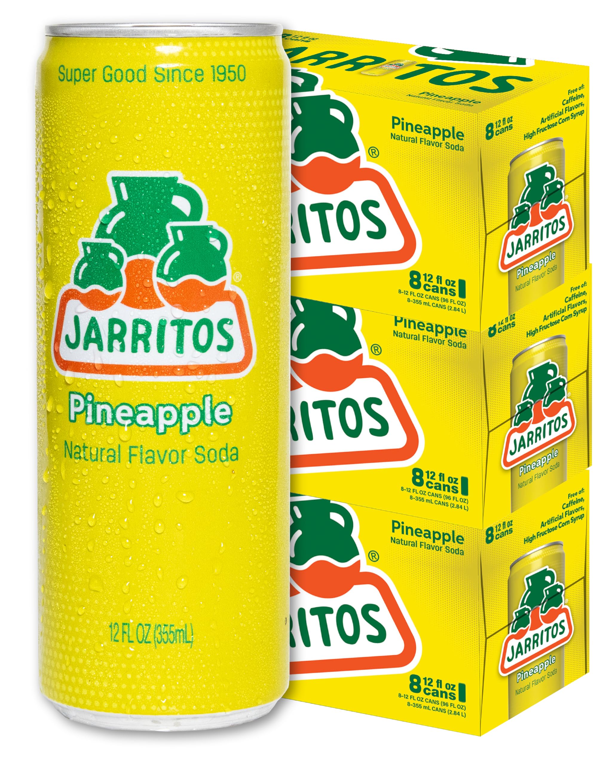 Jarritos - Mexican Soda Soft Drinks, Pineapple (12 oz, 355ml) 24 Cans (3 Boxes of 8) - Real Cane Sugar - 0g Fat - Made in Mexico - Natural Flavor Soda