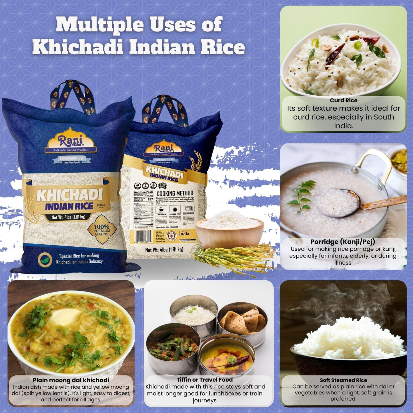 Rani Khichadi Indian Rice 64oz (4lbs) 1.81kg Cloth Bag ~ All Natural | Gluten Friendly | Vegan | Kosher | Export Quality | Indian Origin