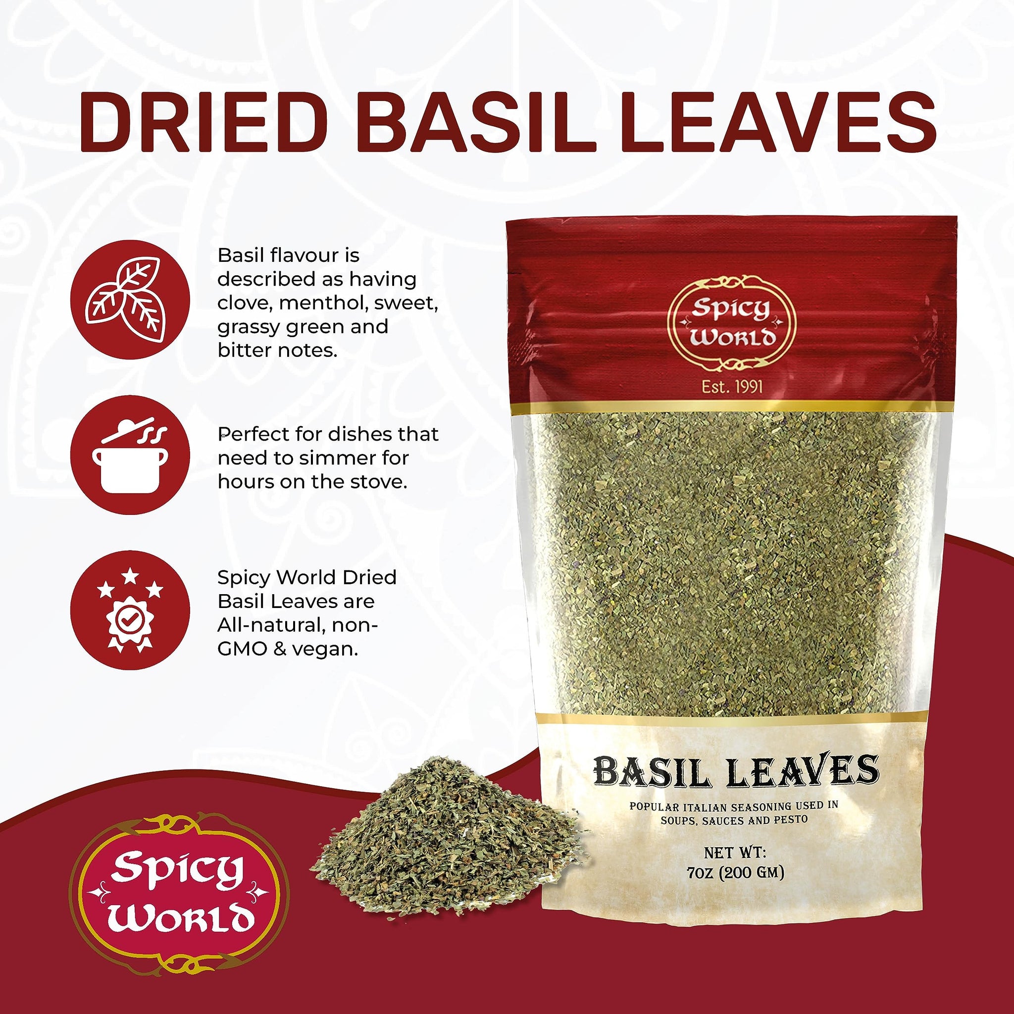 Dried Basil Leaves 7oz (200g) - Natural, Non-GMO, Vegan, Ayurveda Herb - by Spicy World