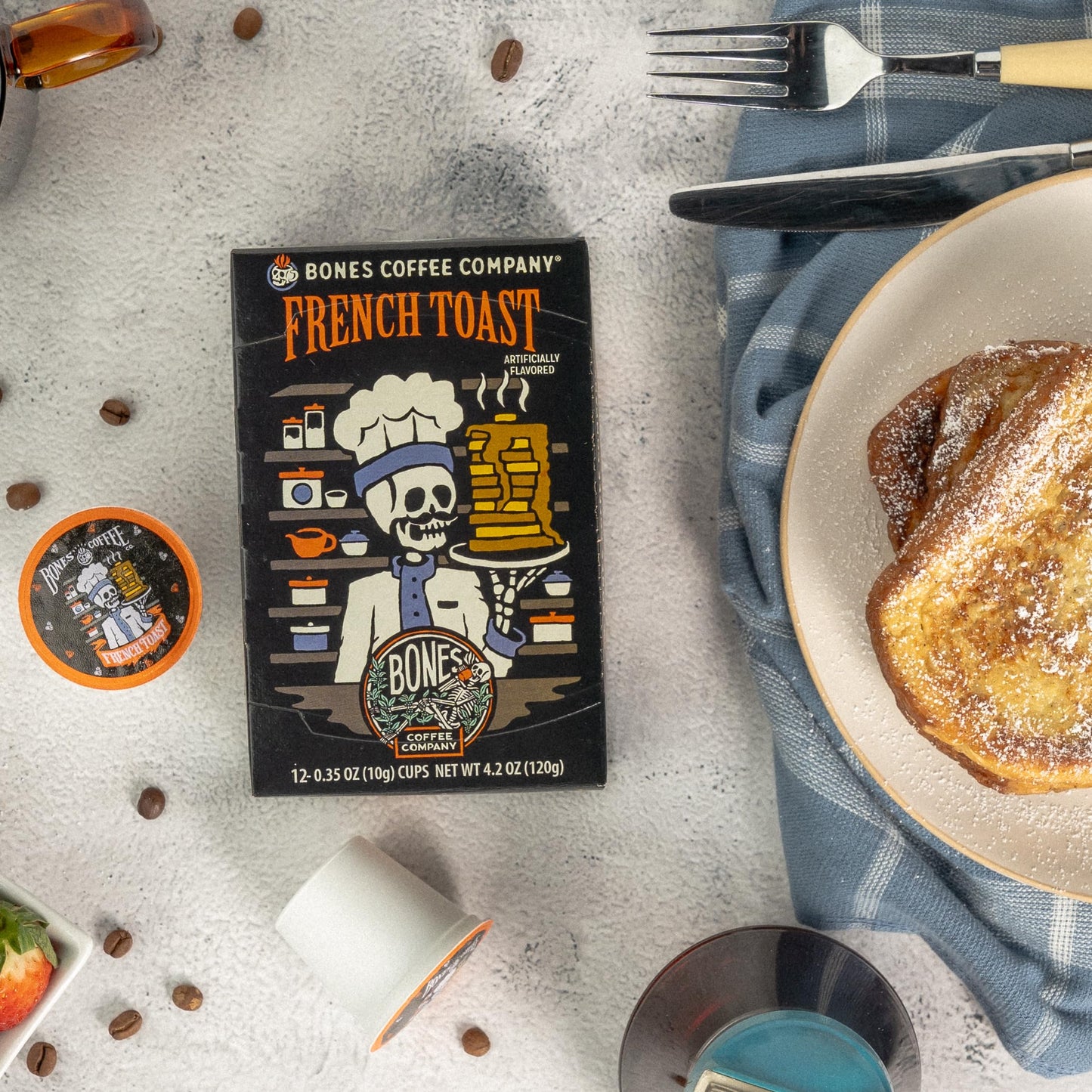 Bones Coffee Company Flavored Coffee Bones Cups French Toast | 12ct Single-Serve Coffee Pods Compatible With 1.0 & 2.0 Keurig Coffee Maker | Sweet