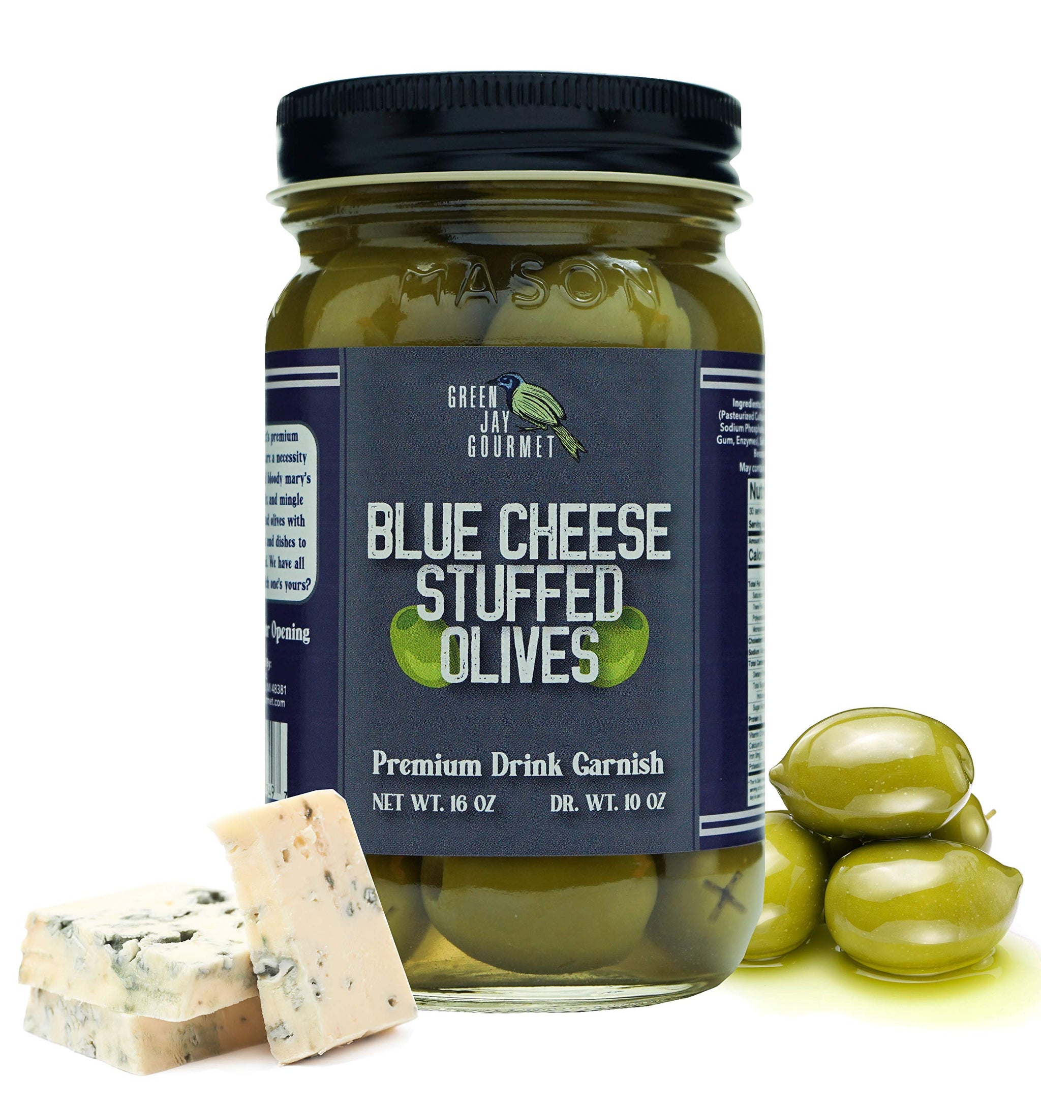 Green Jay Gourmet Blue Cheese Stuffed Olives - Cheese Stuffed Green Olives for Cocktail Garnish & Cheese Board - Dirty Martini Olives - Gourmet Olives