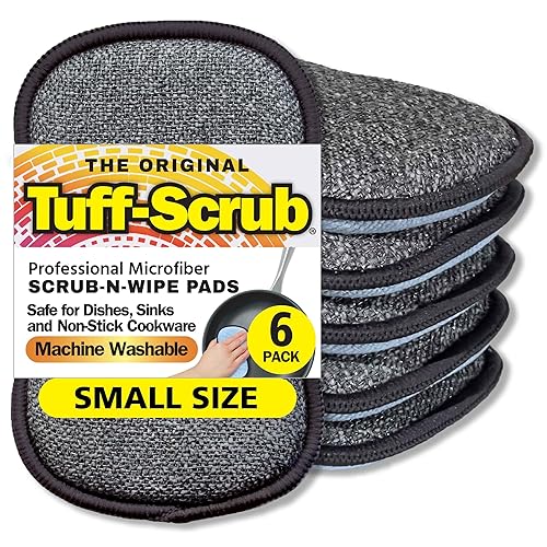 Original Scrub-N-Wipe Pad by Tuff-Scrub, 6-Pack, Microfiber, Multi-Surface, Non-Scratch, Dual-Sided, Scrubber for Dishes, Sinks, Non-Stick Cookware