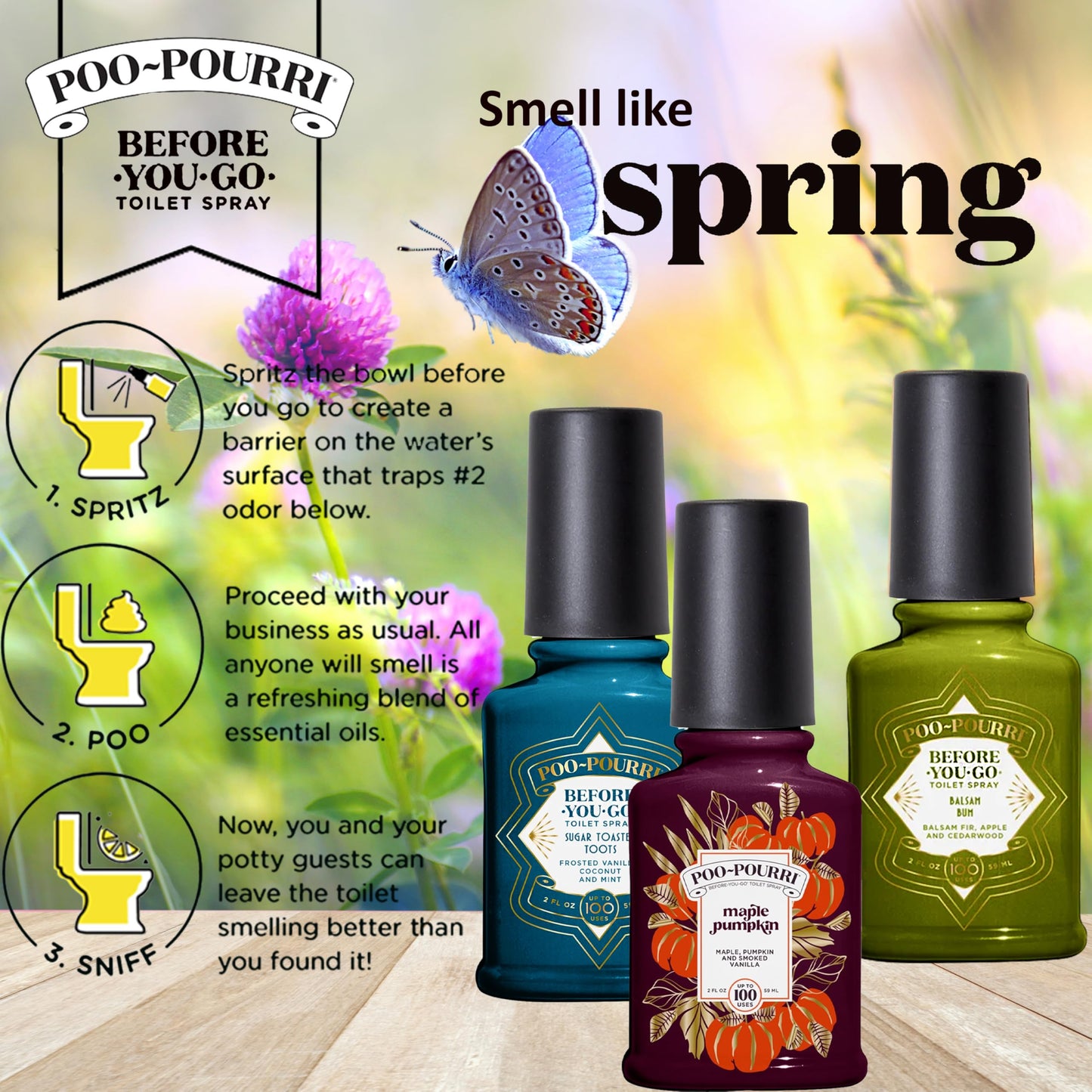 Poo-Pourri Before-You-Go Toilet Spray, Spring 2 Oz Variety Pack- Maple Pumpkin Sugar Toasted Toots and Balsam Bum