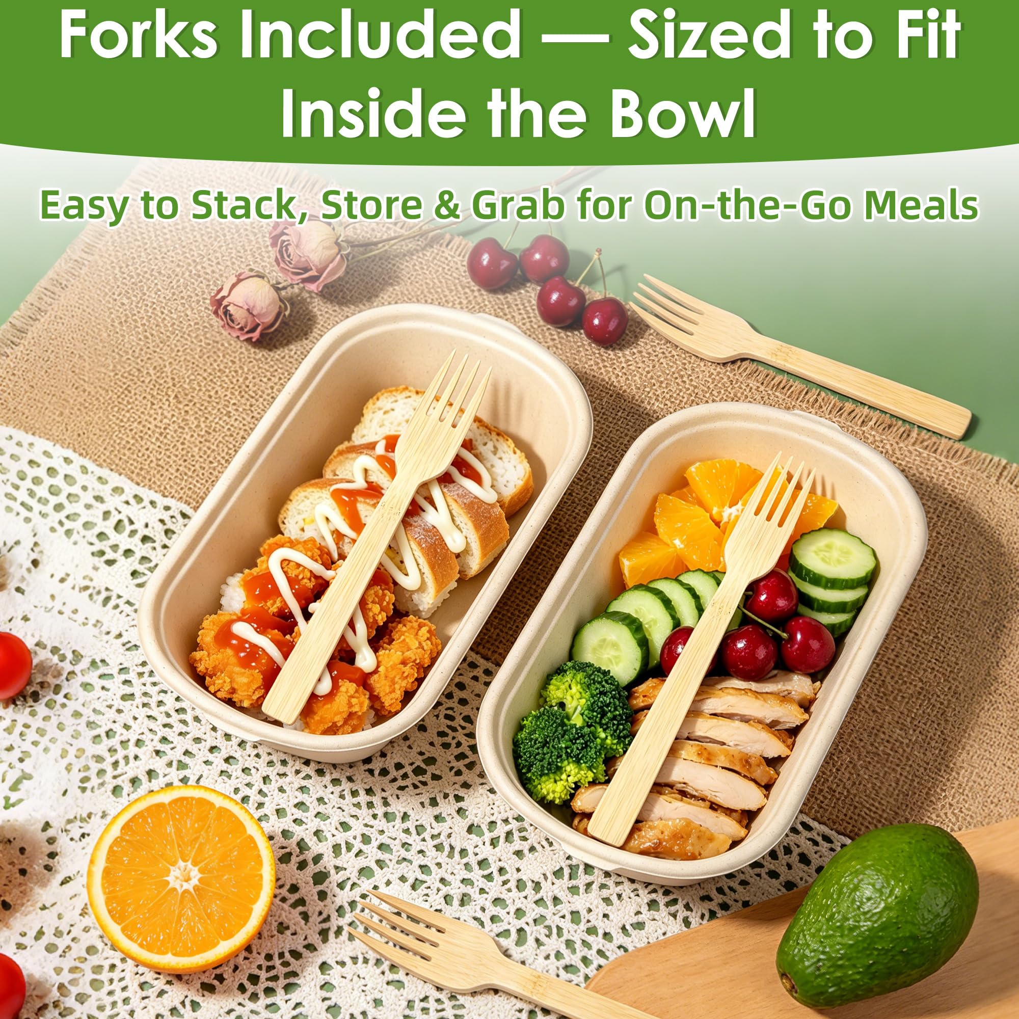 FEHHTO 100-Pack 30oz Disposable Meal Prep Containers with Lids, Sugarcane Pulp Compostable Food Containers + 100 Bamboo Forks, To-Go Food Containers
