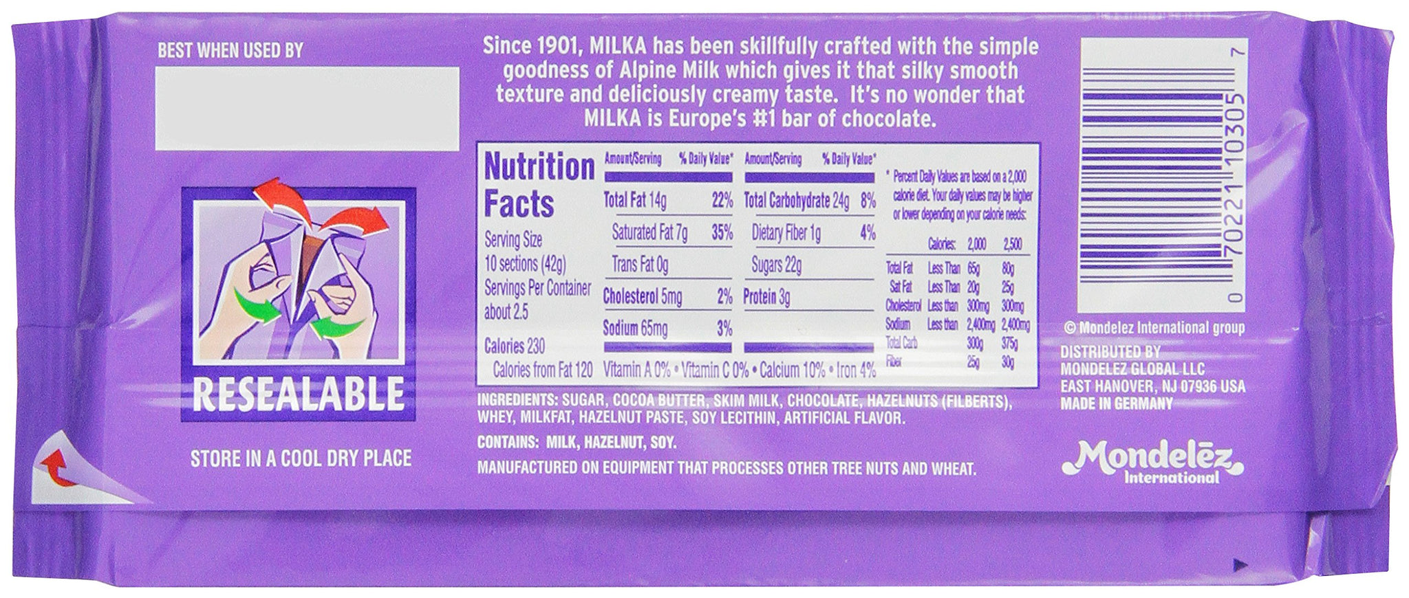 Milka Milk Chocolate with Chopped Hazelnuts, 3.52-Ounce Bars (Pack of 10)