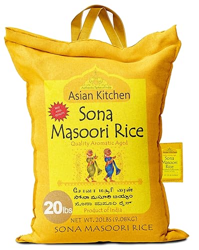 Asian Kitchen White Sona Masoori Aged Rice 20-Pound Bag, 20lbs (9.08kg) Short Grain Rice ~ All Natural | Gluten Friendly | Vegan | Kosher | Indian