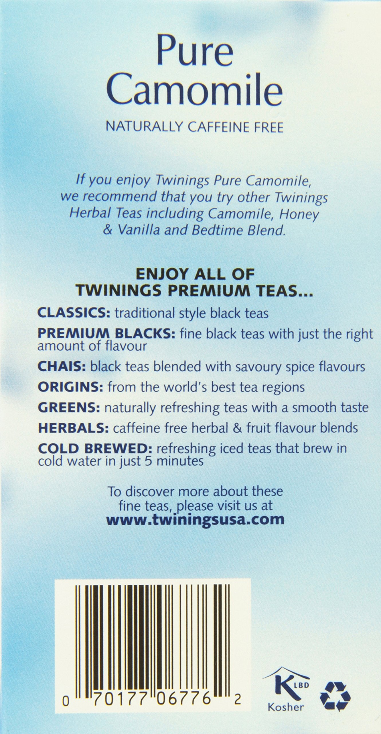 Twinings Pure Camomile Herbal Tea Individually Wrapped Bags, 20 Count Pack of 6, Caffeine Free