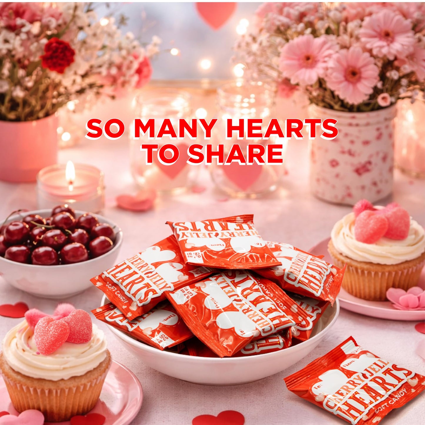 Cherry Hearts Jelly Candy - 24 Packs - Valentines Candy Individually Wrapped - Write-On To/From Pouches for Classroom Exchange - Jelly Hearts