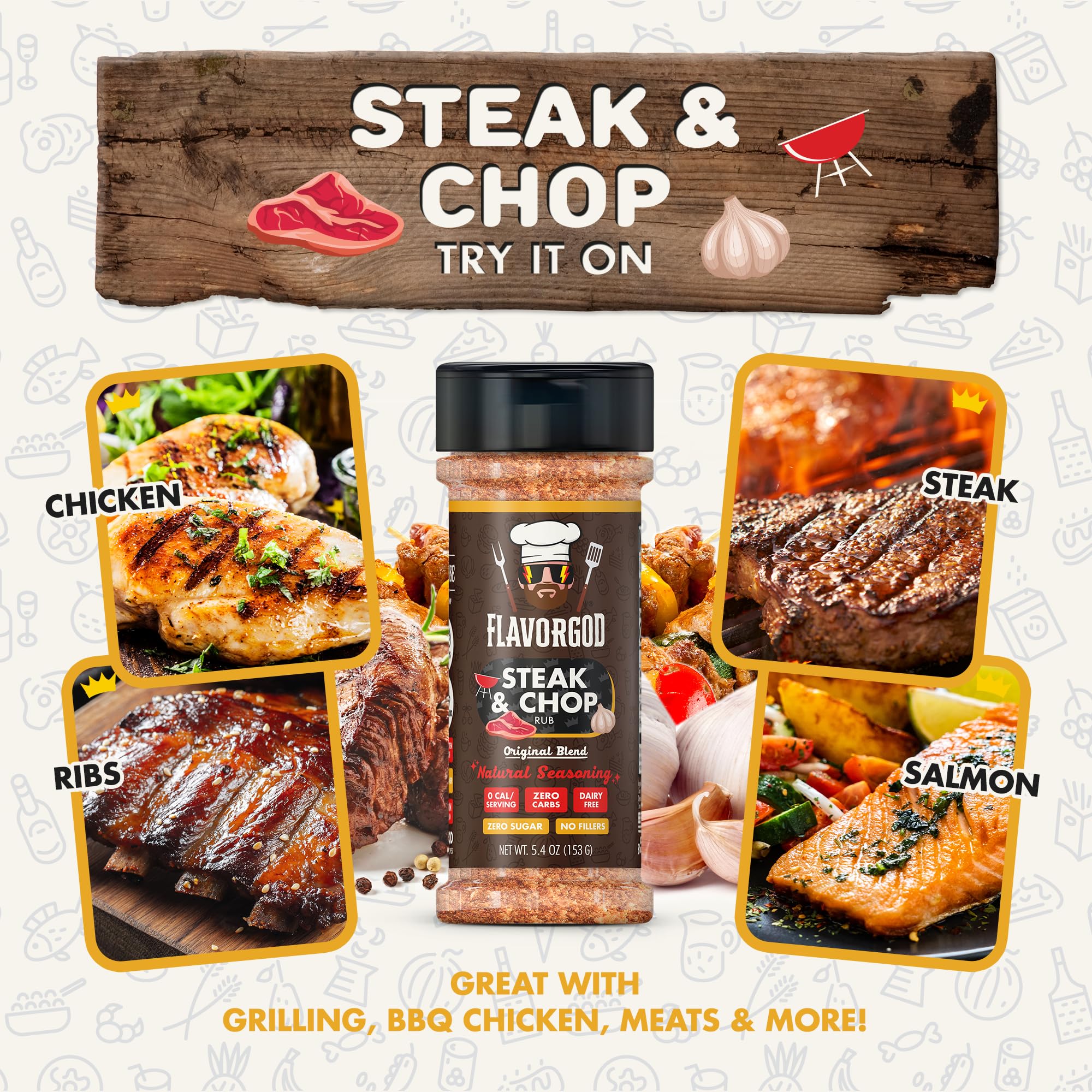 Steak & Chop Rub Seasoning Mix by Flavor God - Premium All Natural & Healthy Spice Blend for Beef, Pork & Vegetables - Kosher, Zero Carbs