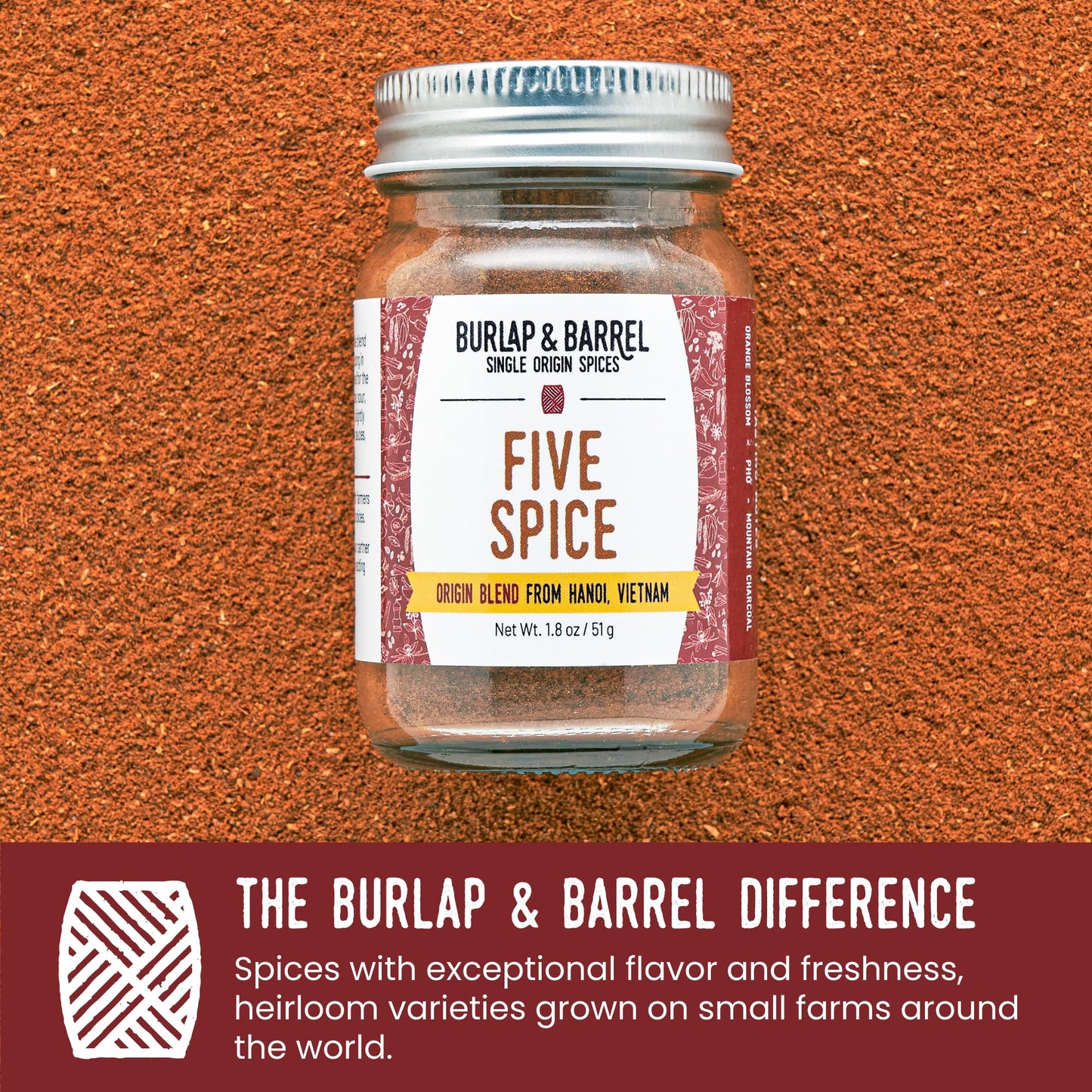 Burlap & Barrel Five Spice - Warm, Slightly Spicy, Aromatic Vietnamese Five Spice - As Seen on Shark Tank - 1.8oz Glass Jar