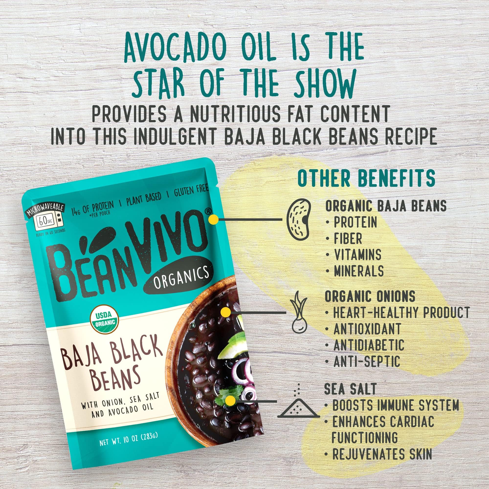 BeanVIVO (Pack of 6) Organics 14g Plant based Protein Baja Black Beans - Good Source of Fiber - Nutritious & Microwave Meals - Gluten-Free Plant Food