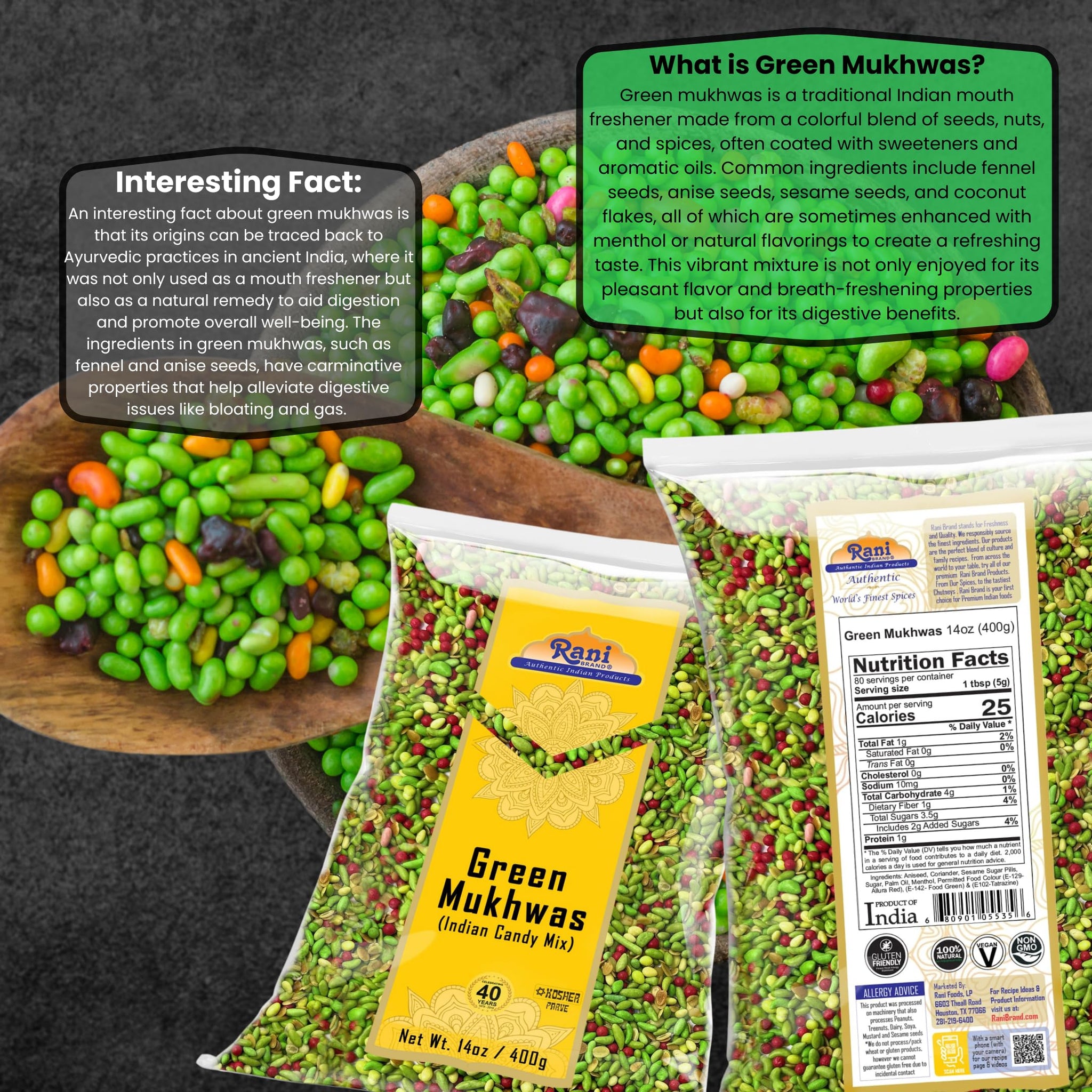 Rani Green Mukhwas (Special Digestive Treat) 14oz (400g) ~ Vegan | Indian Candy Mouth Freshener | Kosher