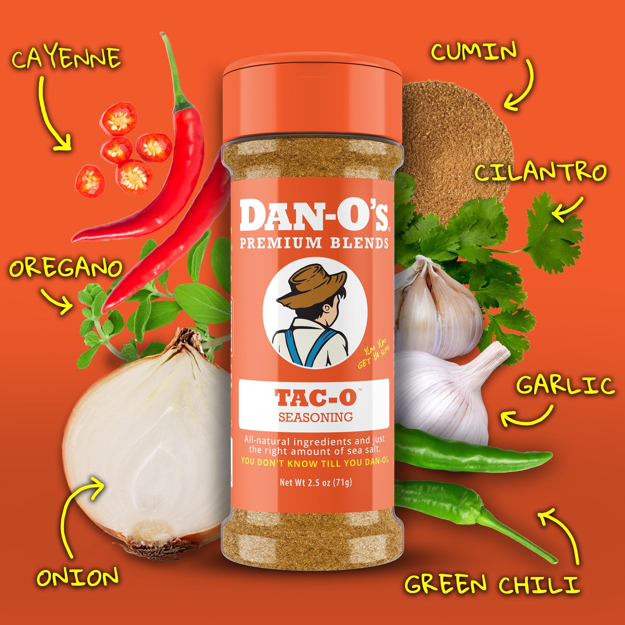 Dan-O's Tac-O Seasoning, 2.5 oz Bottle, 2 Pack, All Purpose Taco Seasoning for Tacos, Quesadillas, Ground Beef and More, Sugar Free, Zero Calorie, Use
