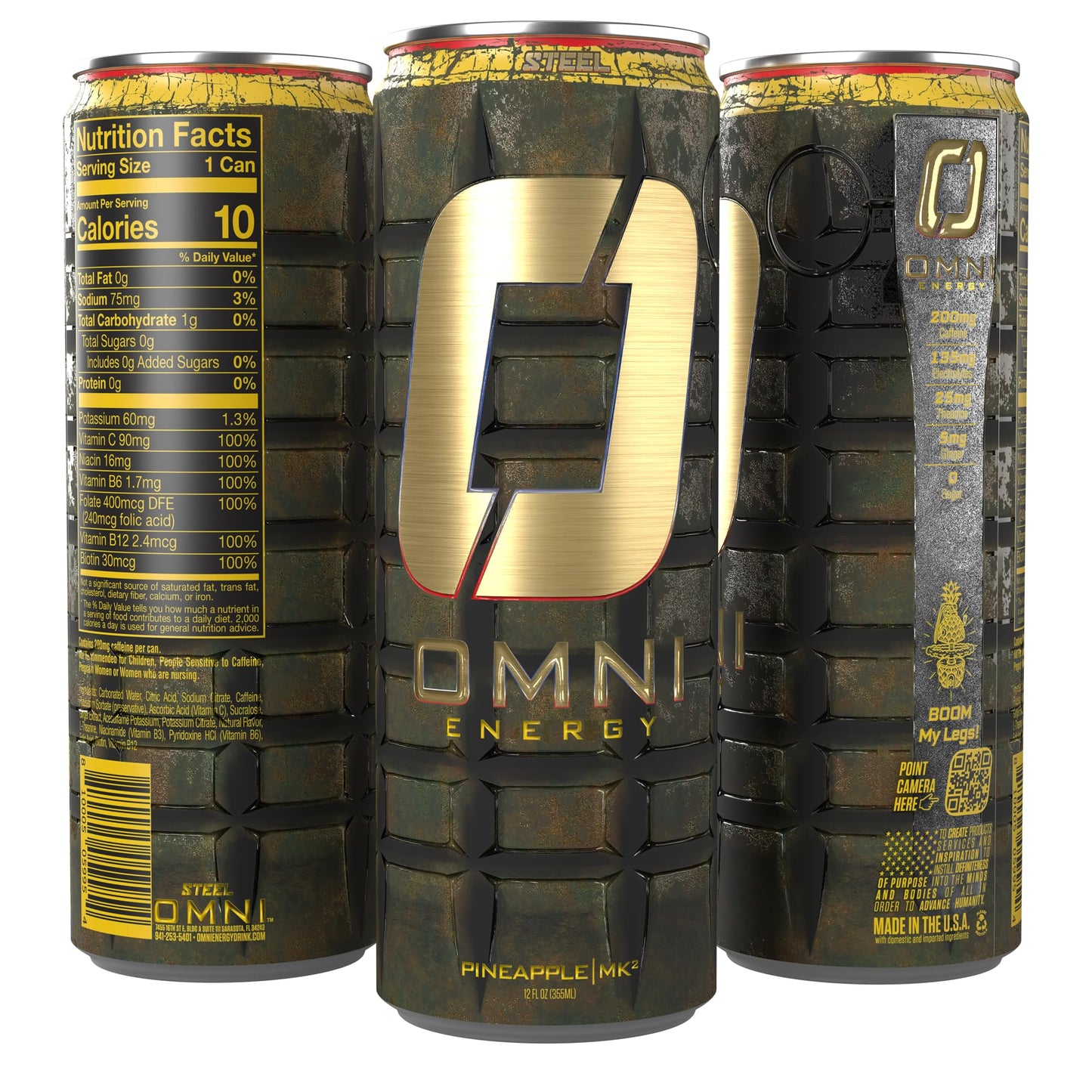 OMNI Energy Drink Pineapple MK2 12 Oz (Pack of 12) | Contains 200mg Clean Caffeine, B Vitamins | Sugar-Free, Low Calorie, Energy Drink for All-Day