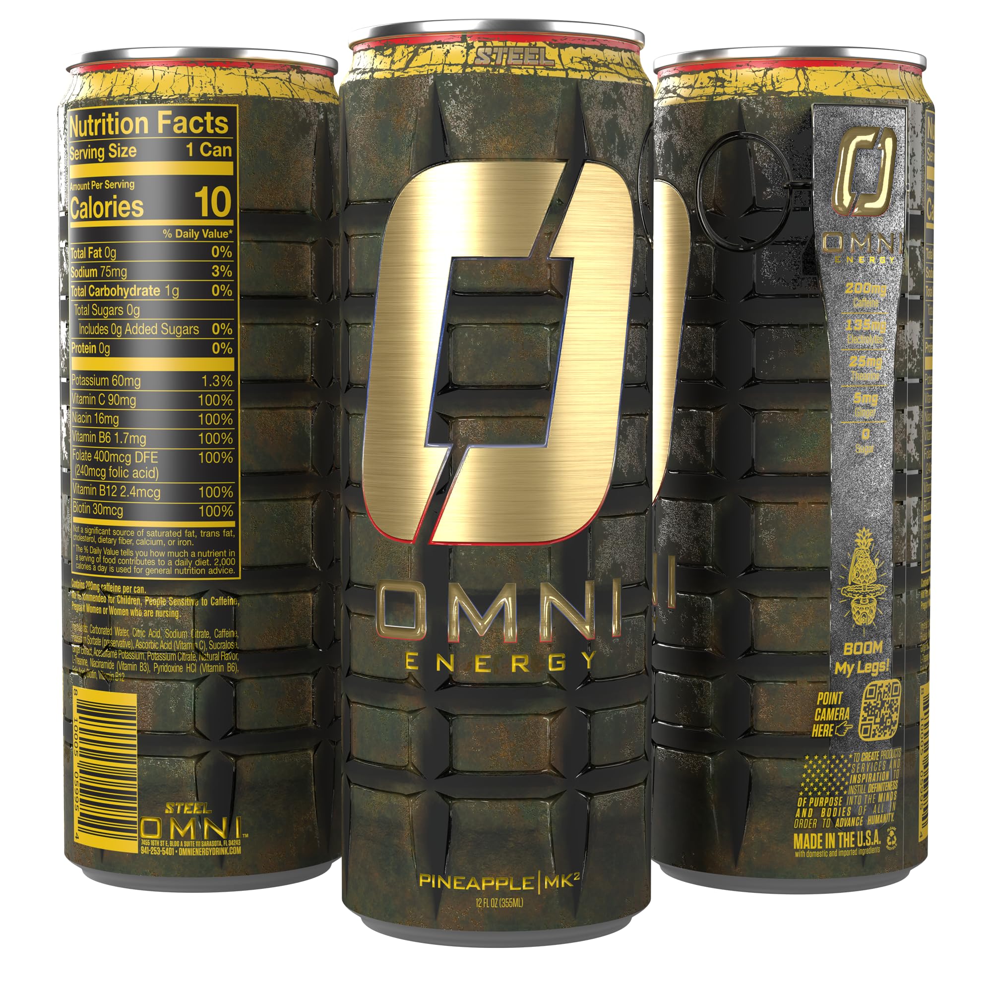 OMNI Energy Drink Pineapple MK2 12 Oz (Pack of 12) | Contains 200mg Clean Caffeine, B Vitamins | Sugar-Free, Low Calorie, Energy Drink for All-Day
