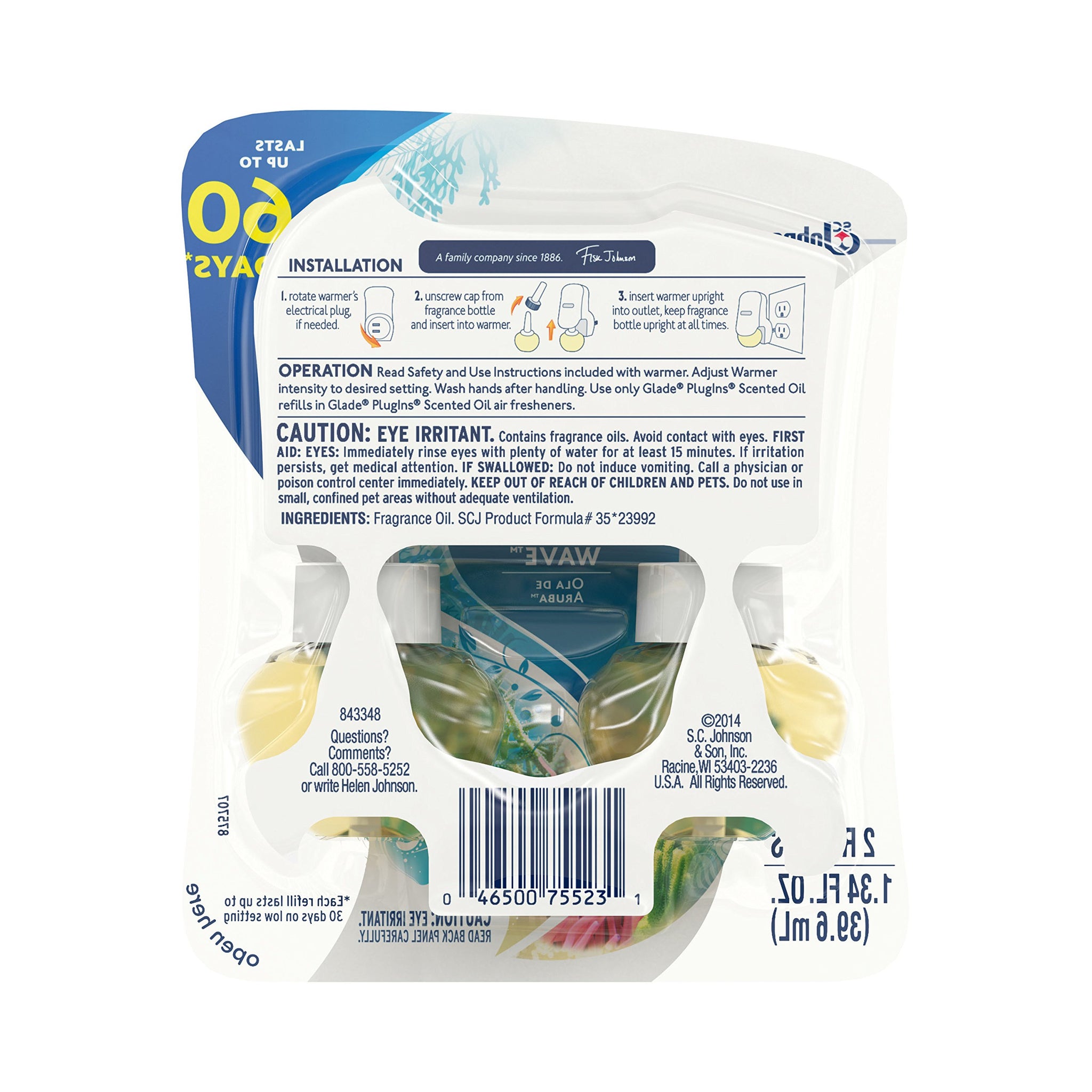 Glade PlugIns Refills Air Freshener, Scented and Essential Oils for Home and Bathroom, Aruba Wave, 1.34 Oz, 2 Count