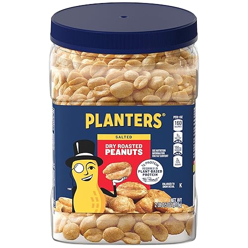 PLANTERS Dry Roasted Peanuts, 34.5 oz. Resealable Plastic Jar - Peanuts with Sea Salt - Peanut Snacks - Shareable Snacks - Heart Healthy Snacks