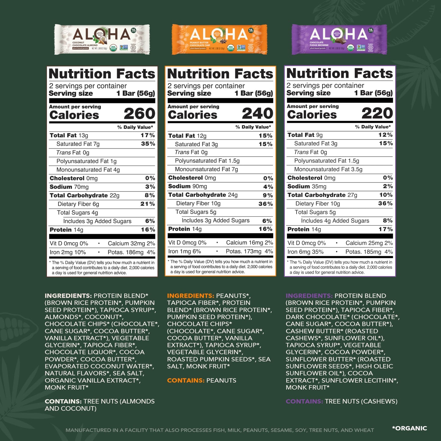 ALOHA Organic Plant Based Protein Bars - 6 Flavor Variety Pack - 12 Count, 1.9oz Bars - Vegan Snacks, Low Sugar, Gluten-Free, Low Carb, Paleo