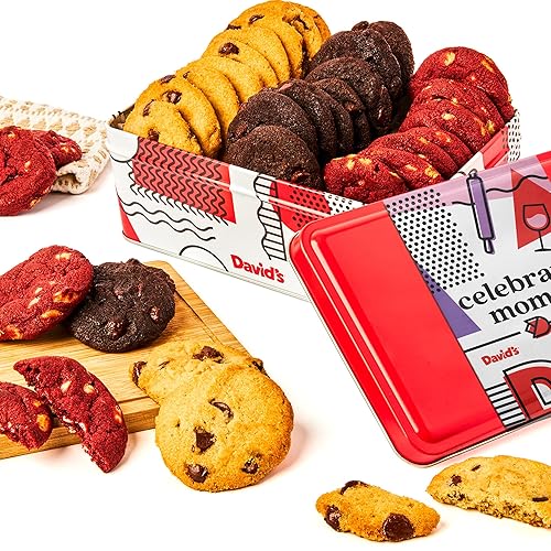 David’s Cookies Mother’s Day Mini Cookies Gift Sampler Tin - 14oz Fresh Baked Assorted Cookie Bites in Chocolate Chip, White Chocolate Chip & Red