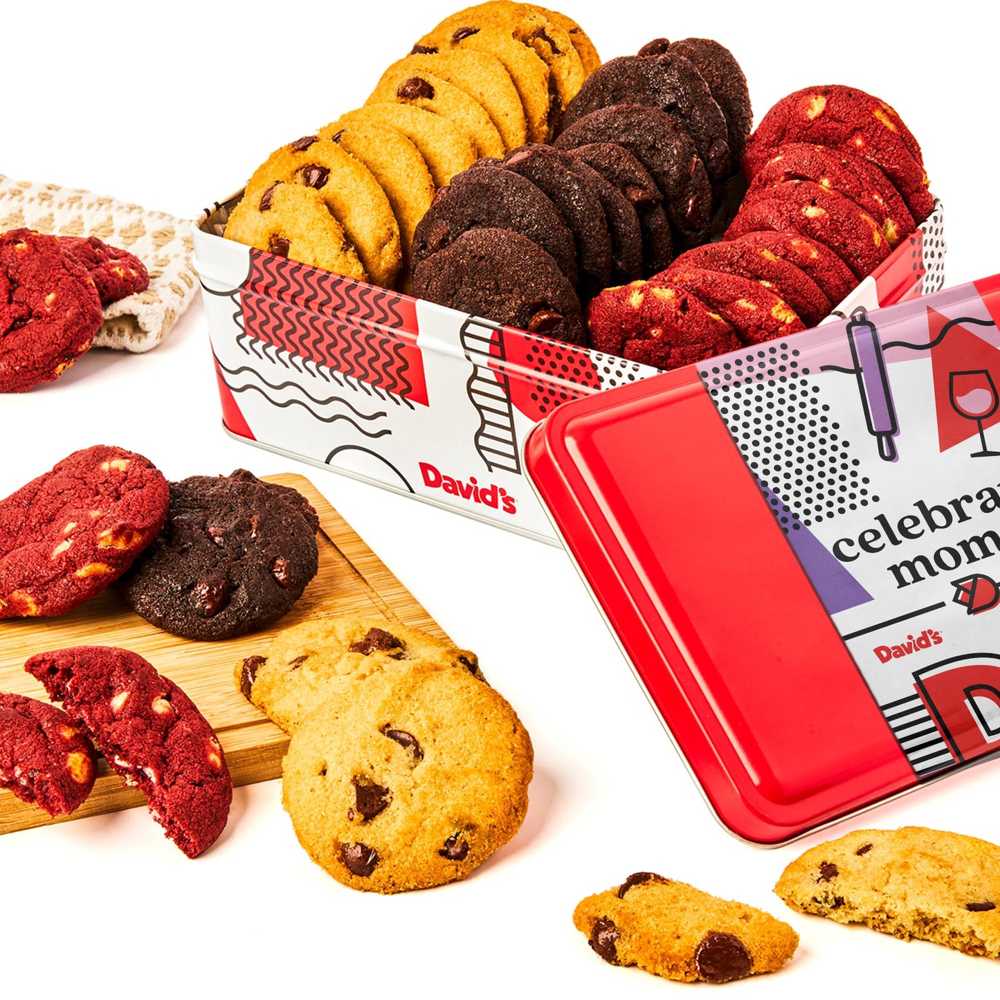 David’s Cookies Mother’s Day Mini Cookies Gift Sampler Tin - 14oz Fresh Baked Assorted Cookie Bites in Chocolate Chip, White Chocolate Chip & Red