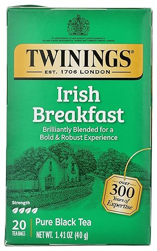 Twinings Irish Breakfast Tea, Robust and Flavourful Caffeinated Black Tea Bags Individually Wrapped, 20 Count