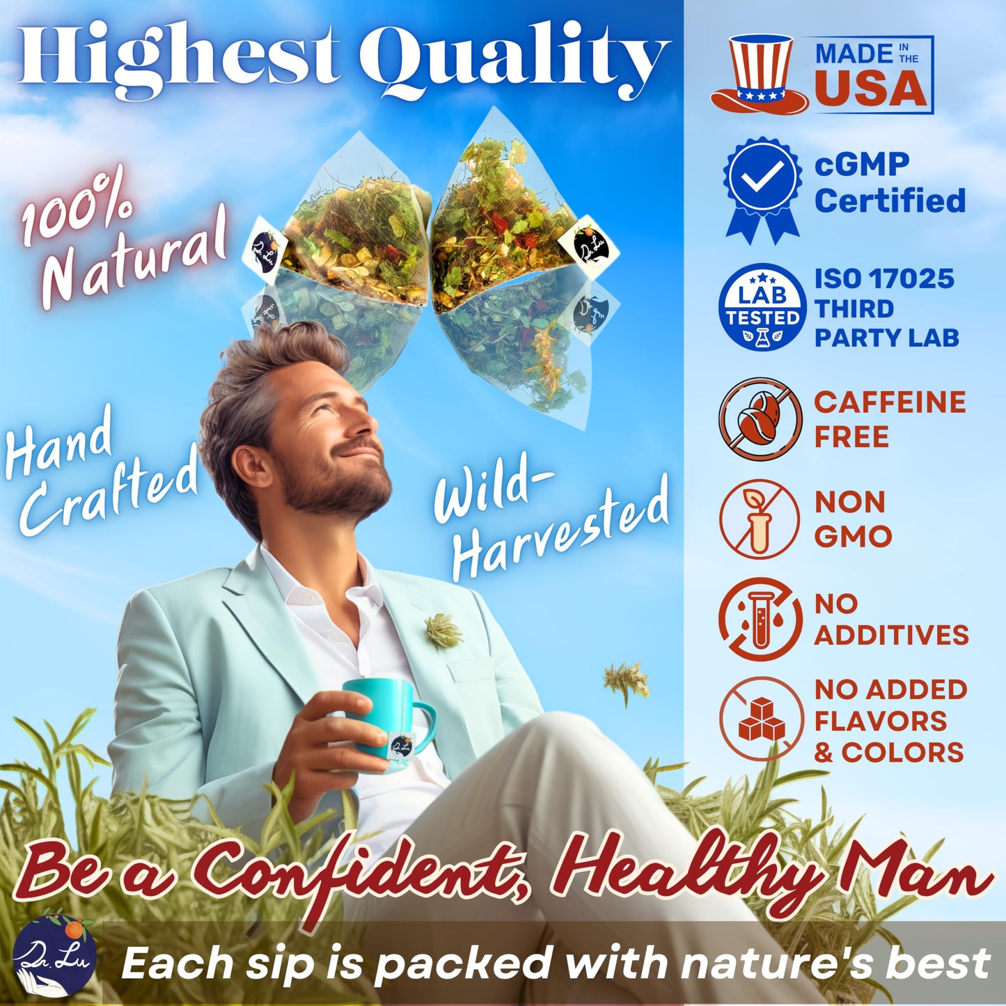Dr. Lu’s Happy Tea for Guy | 100% Natural Energy Tea for Men | Supports Prostate, Vitality & Fertility | 11-Herb Blend with Maca, Corn Silk & Hibiscus