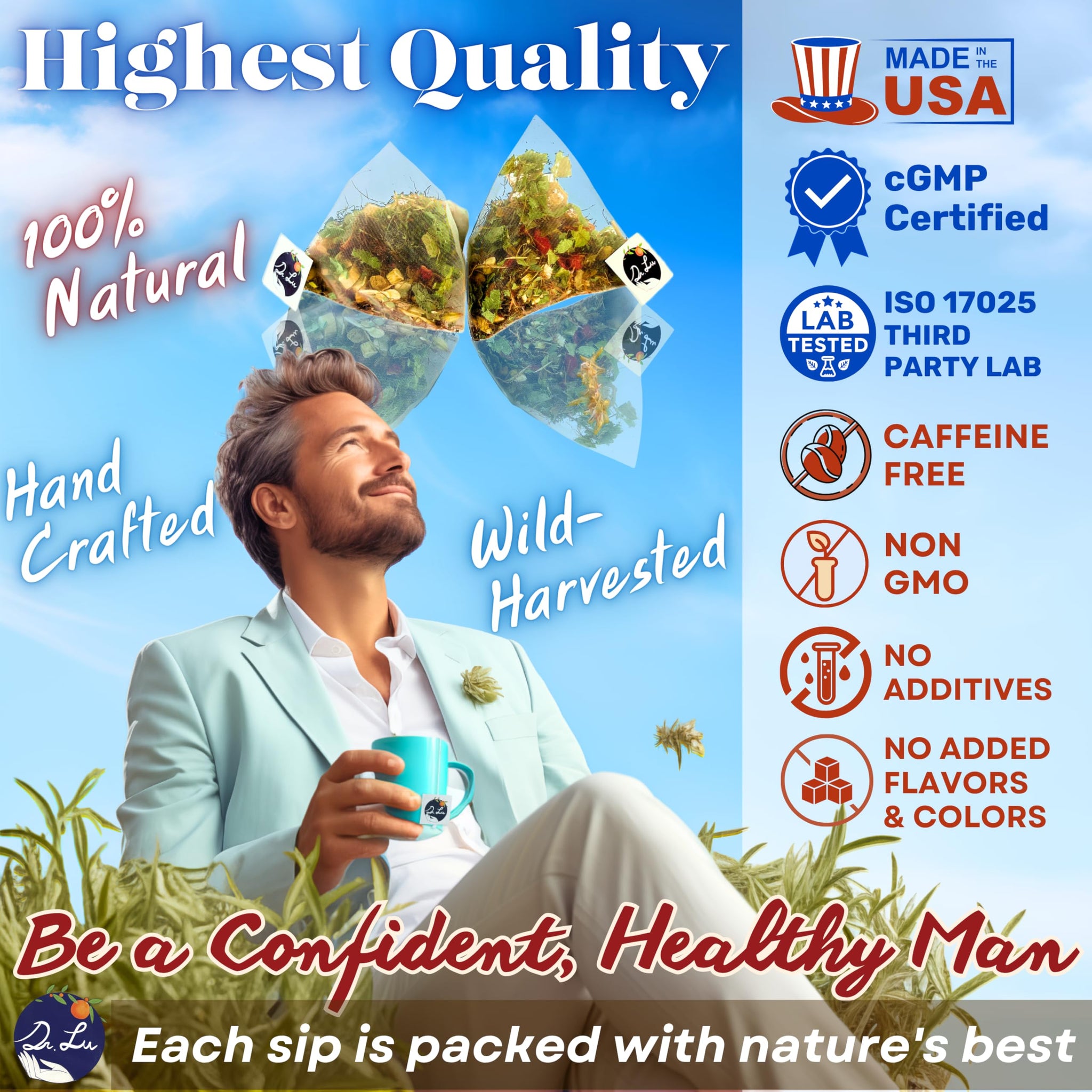 Dr. Lu’s Happy Tea for Guy | 100% Natural Energy Tea for Men | Supports Prostate, Vitality & Fertility | 11-Herb Blend with Maca, Corn Silk & Hibiscus
