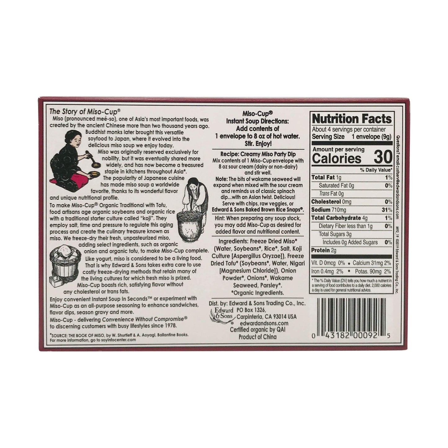 Edward & Sons Organic Traditional Soup with Tofu Miso Cup Instant Soup, 1.3 oz