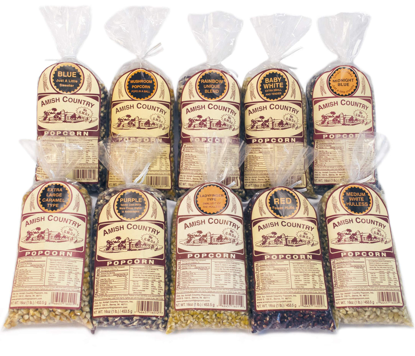 Amish Country Popcorn - 10 (1 Lb Bag) Variety Gift Set Bundle (Red, Blue, Medium White, Midnight Blue, Purple, Ladyfinger, Baby White, Rainbow, Medium