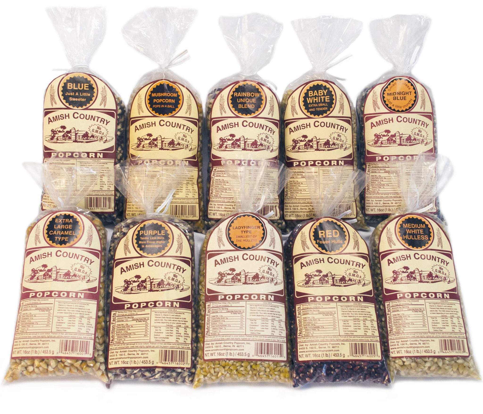 Amish Country Popcorn - 10 (1 Lb Bag) Variety Gift Set Bundle (Red, Blue, Medium White, Midnight Blue, Purple, Ladyfinger, Baby White, Rainbow, Medium