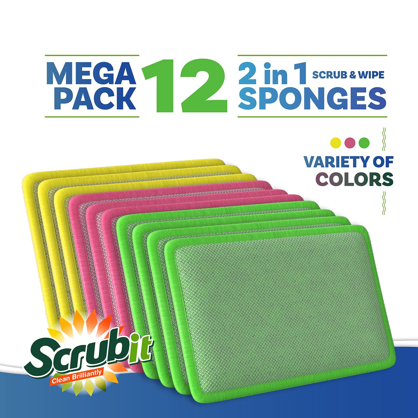 SCRUBIT - [12 Pack] Scrub and Wipe Cleaning Pads - Dual Sided Scouring Pad and Dish Sponge -Reusable Kitchen Sponge for Pots, Pans Utensils