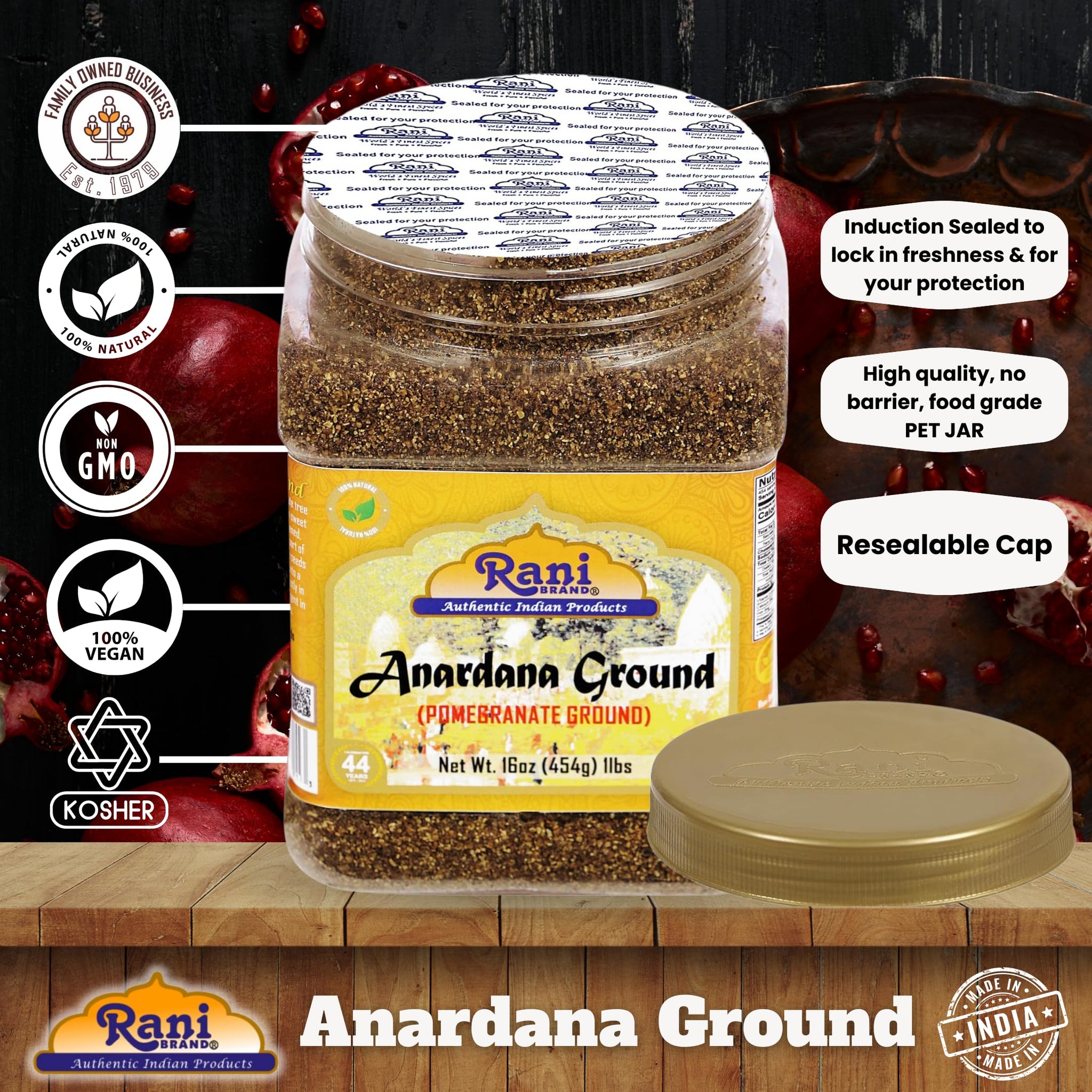Rani Anardana (Pomegranate) Ground, Indian Spice 16oz (1lb) 454g PET Jar ~ All Natural | No Color | Gluten Friendly | Vegan | NON-GMO | Kosher | No
