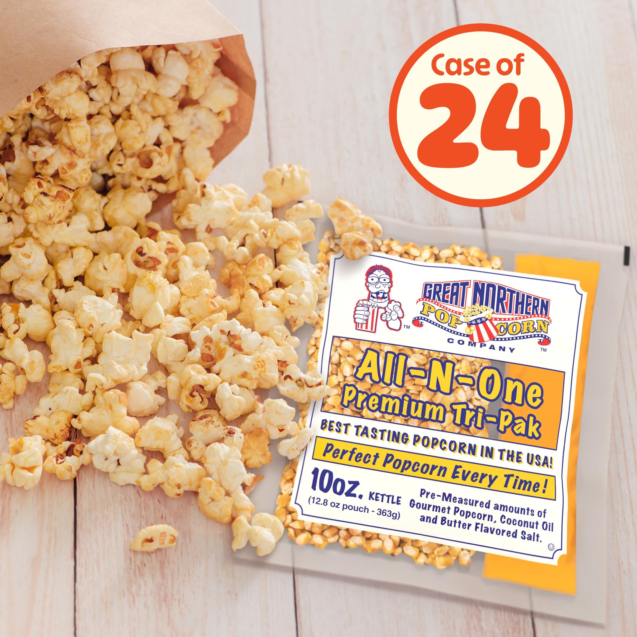 10oz Popcorn Machine Popcorn Packets - All-in-One Movie Theater Style Kernels, Salt, and Oil Packs by Great Northern Popcorn (24 Case)