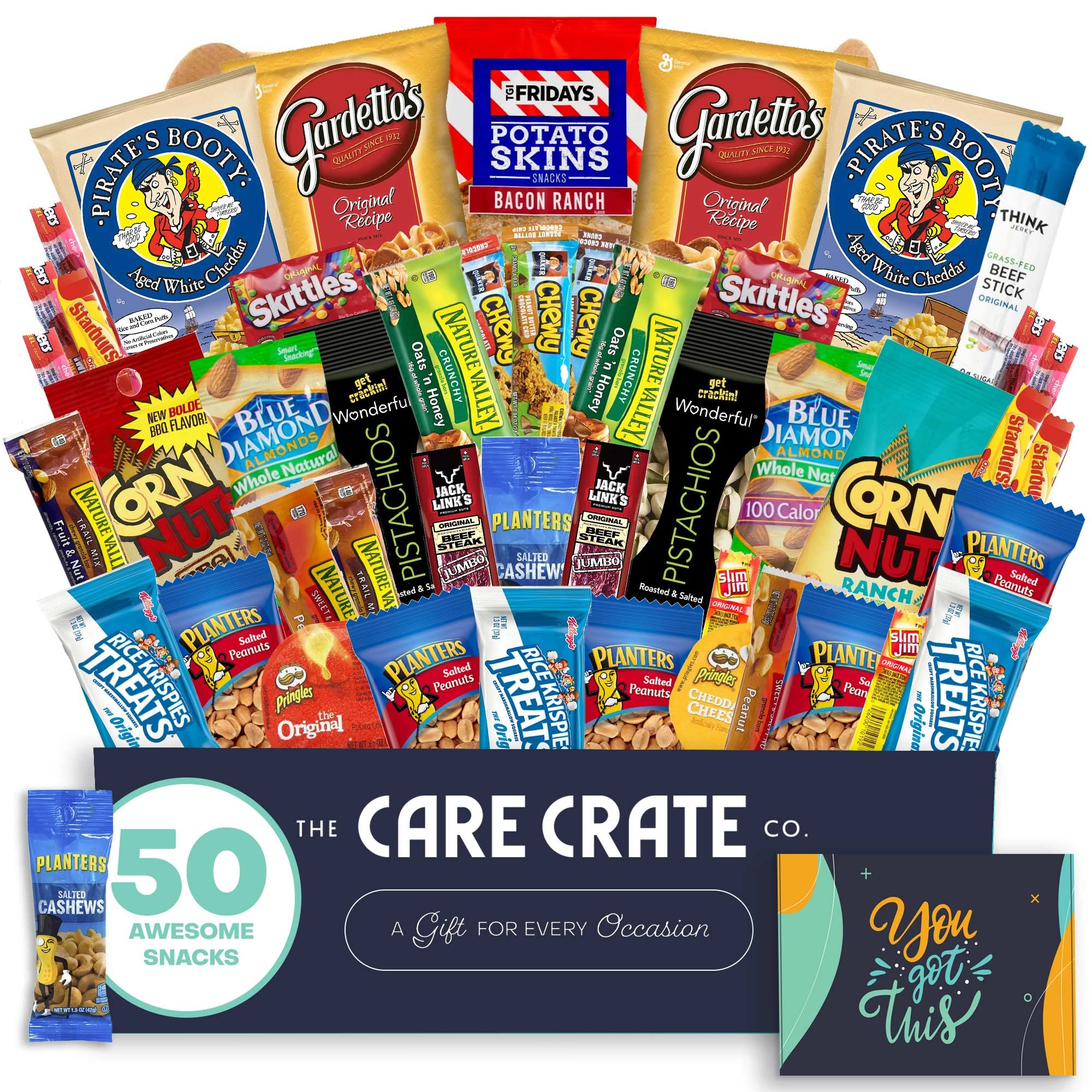 Men's Encouragement Hearty Snack Box (50 Piece Variety Gift Basket Care Package) Jerky, Nuts, Chips, Pretzels & More - The Care Crate Co.