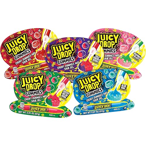 Juicy Drop Sour Candy Gummies, 16 Ct Sweet Chewy Candy w/Sour Gel in Assorted Fruity Flavors, Full Size, Fun Variety Pack For Birthday Party Favors