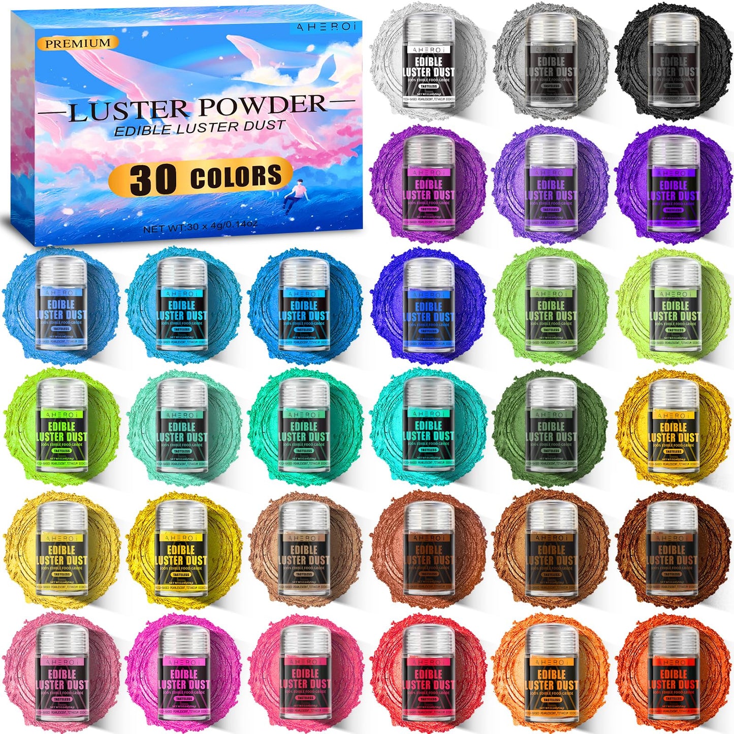 Aheroi Edible Glitter, 30 Colors Luster Dust Edible Glitter Pack for Drinks, Food Glitter Edible Shimmer Dust Powder, Edible Dust for Cocktail