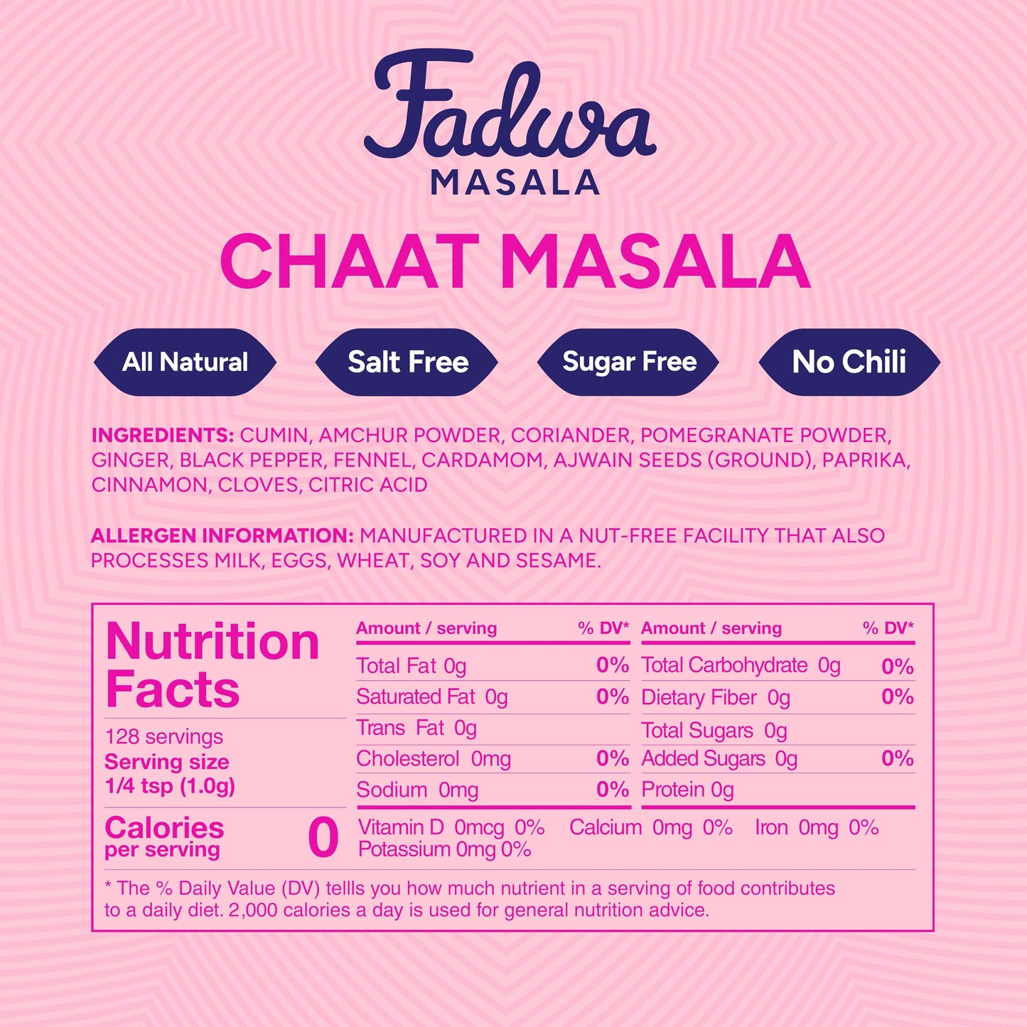 Fadwa Masala Chaat Masala Spice Mix - 4.5 oz Jar, Salt & Sugar Free, Non-Spicy Authentic Desi Spices for Pakistani & Indian Cooking, Curry, Garam
