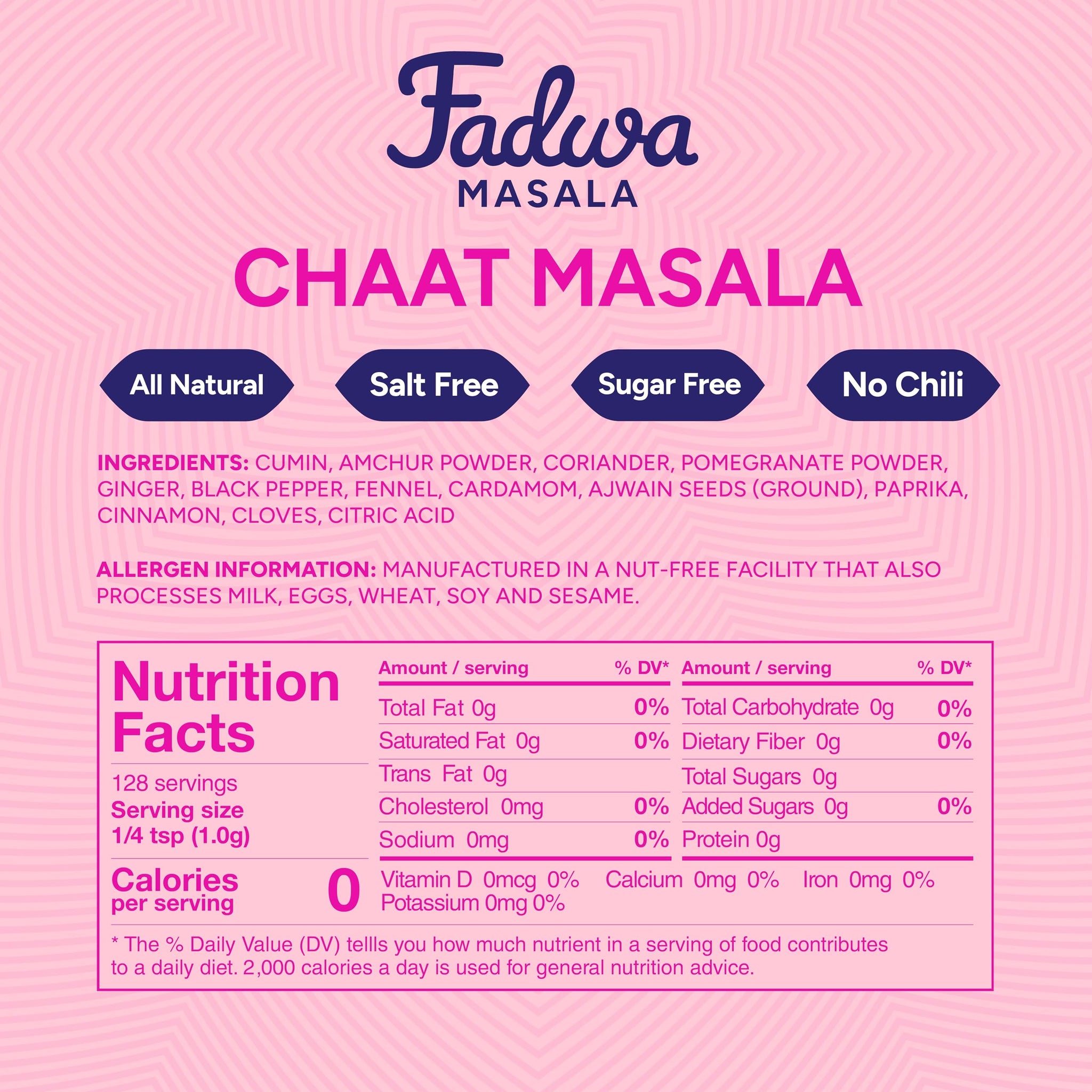 Fadwa Masala Chaat Masala Spice Mix - 4.5 oz Jar, Salt & Sugar Free, Non-Spicy Authentic Desi Spices for Pakistani & Indian Cooking, Curry, Garam