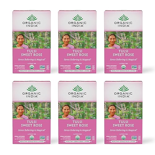 Organic India Tulsi Sweet Rose Herbal Tea - Holy Basil Leaf, African Basil, Chamomilie, Lemon Myrtle, Stress Relieving, Immune Support, USDA Certified