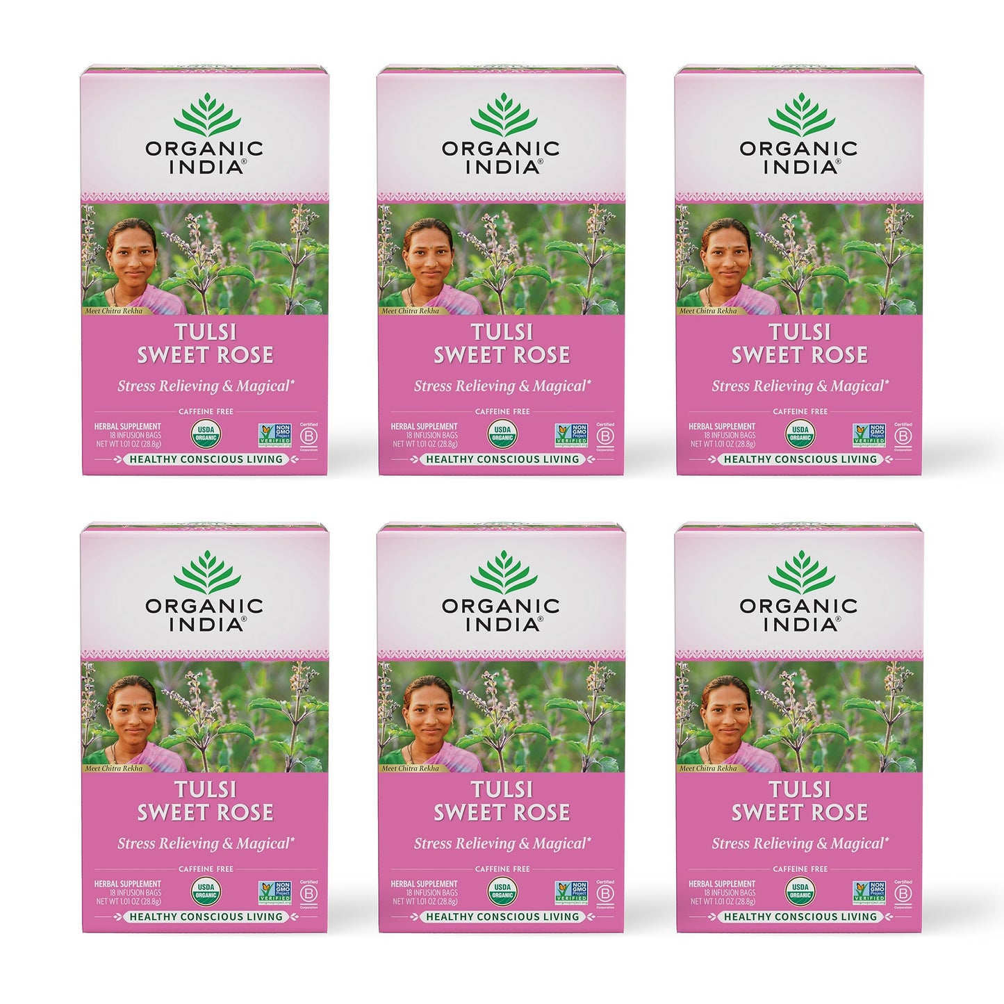 Organic India Tulsi Sweet Rose Herbal Tea - Holy Basil Leaf, African Basil, Chamomilie, Lemon Myrtle, Stress Relieving, Immune Support, USDA Certified