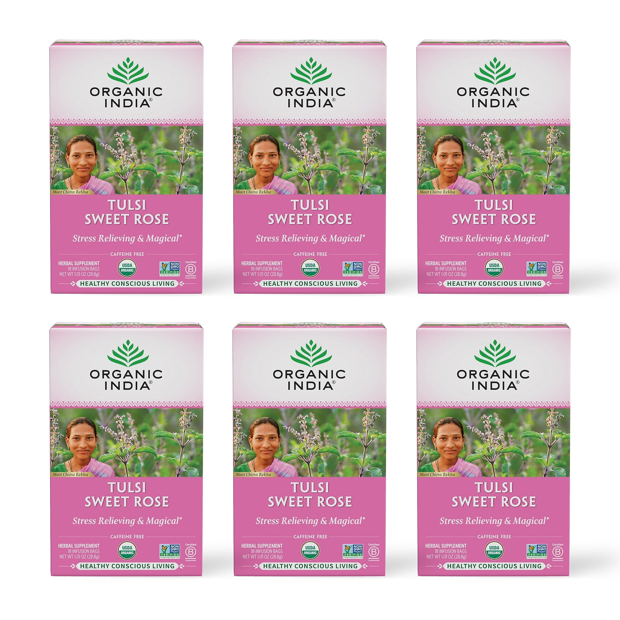 Organic India Tulsi Sweet Rose Herbal Tea - Holy Basil Leaf, African Basil, Chamomilie, Lemon Myrtle, Stress Relieving, Immune Support, USDA Certified