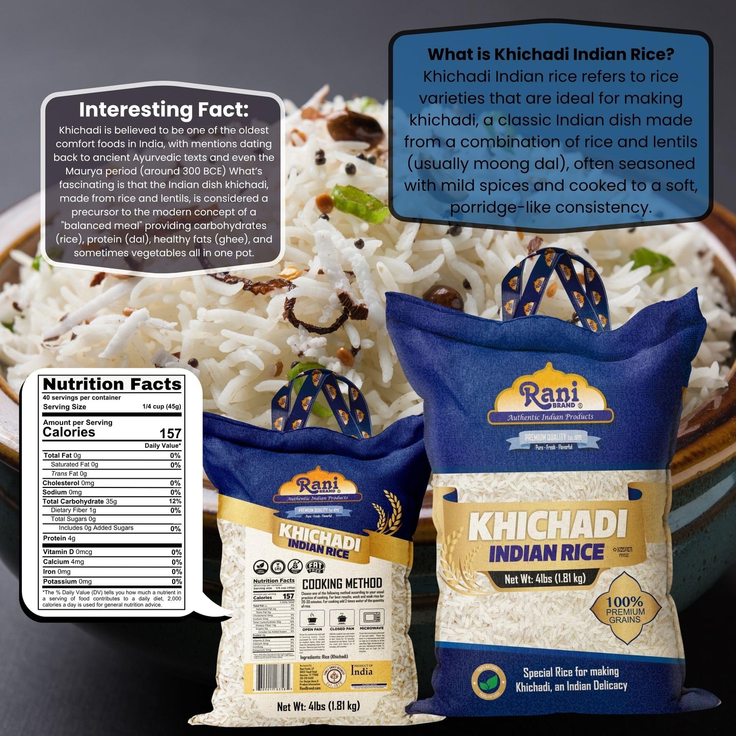 Rani Khichadi Indian Rice 64oz (4lbs) 1.81kg Cloth Bag ~ All Natural | Gluten Friendly | Vegan | Kosher | Export Quality | Indian Origin