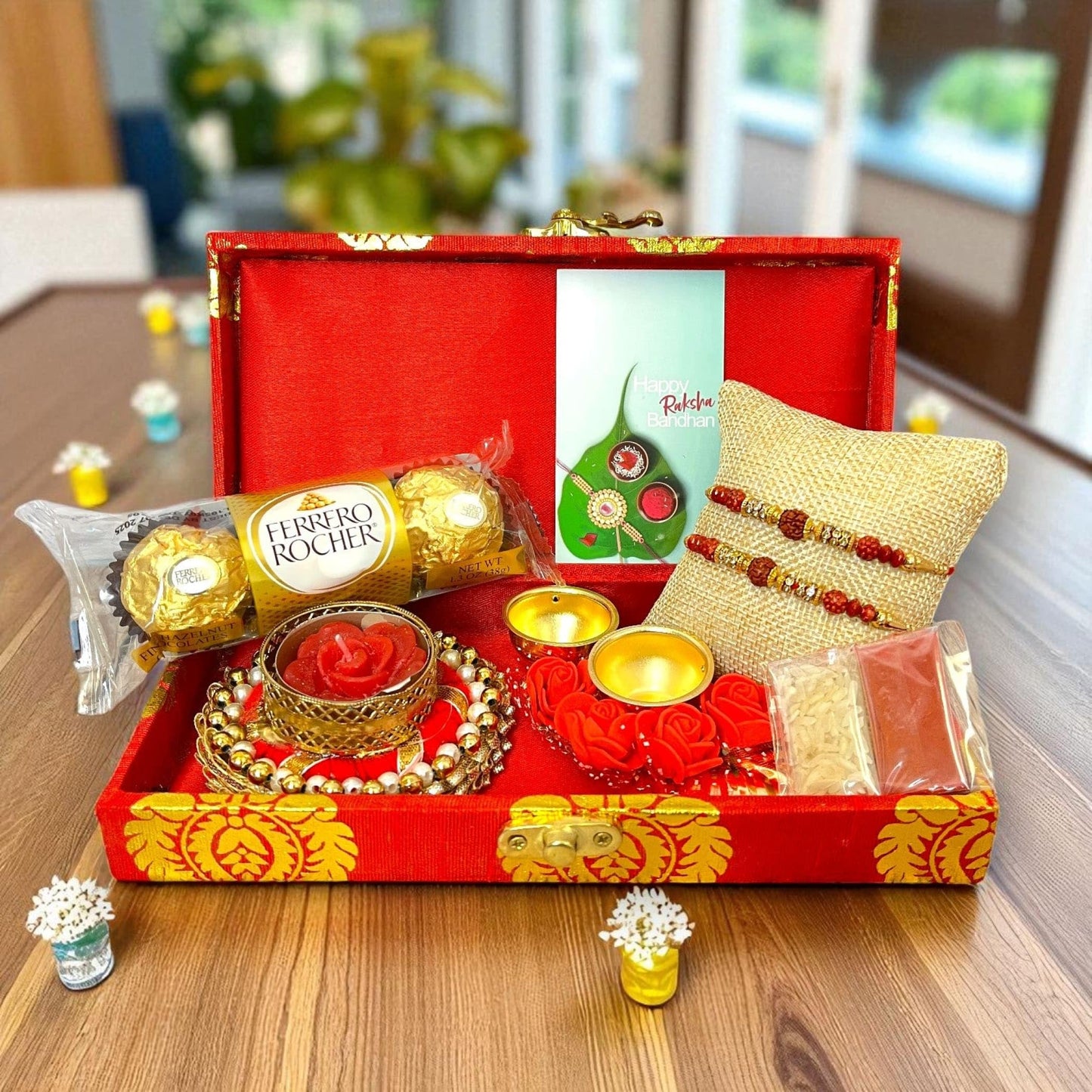 LoveNspire Rakhi Gift Hamper for Brother 2PC Rudraksha Rakhi with Candle Holder Haldi Kumkum Holder Roli Chawal Rakshabandhan Card Chocolates