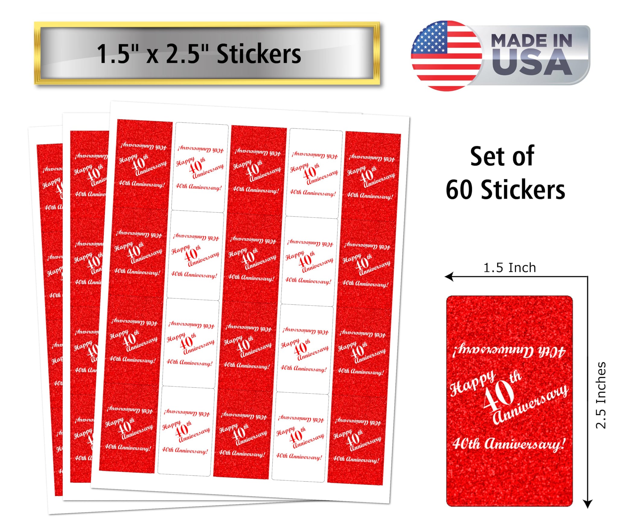 40th Anniversary Miniatures Candy Bar Wrapper, (Set of 60) Mini Candy Chocolate Bar Stickers; Red and White, Candy Not Included. Made in USA