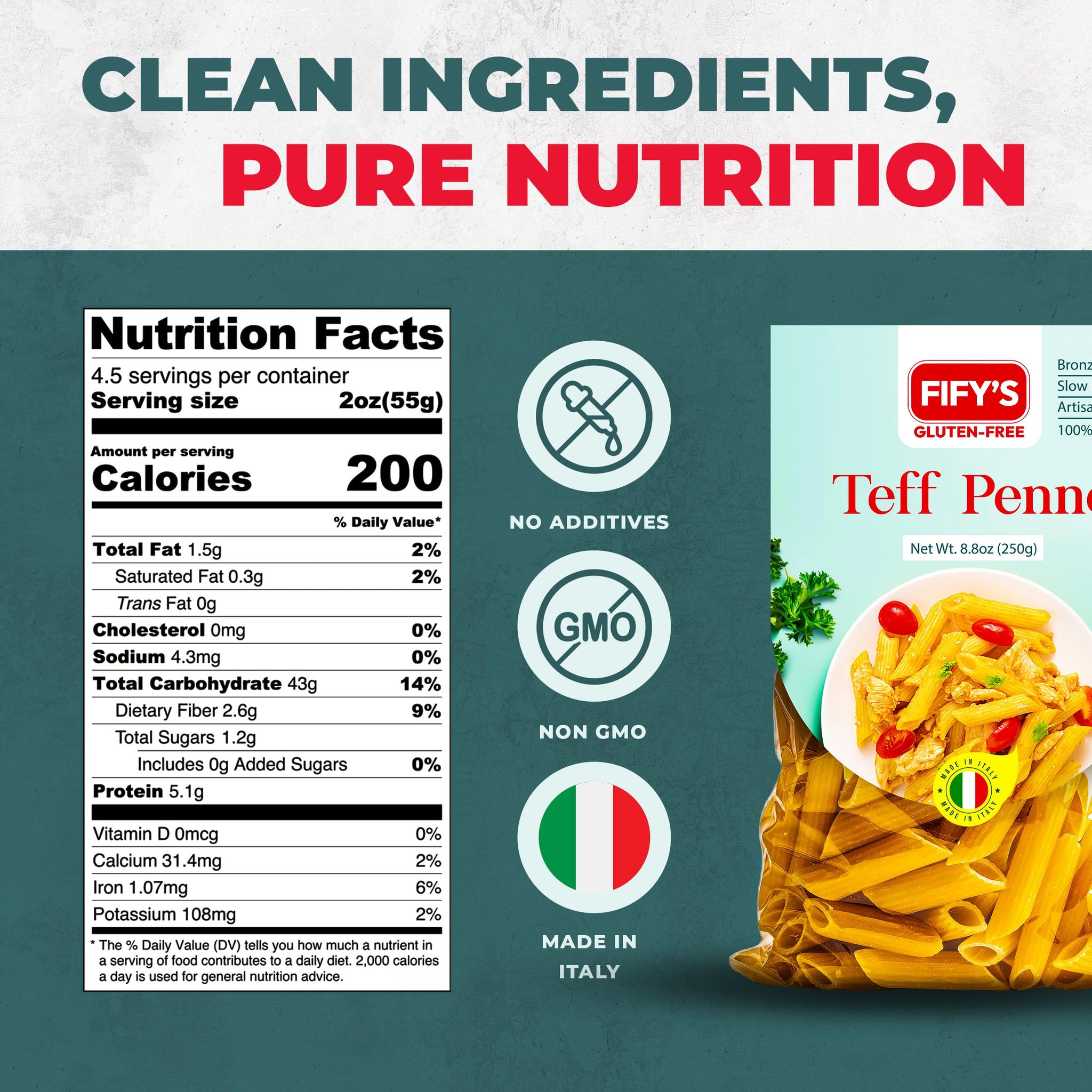 FIFY'S GLUTEN-FREE Teff Penne Pasta - All Natural, Nutrient-Rich Gluten Free Pasta with Ancient Grain Teff and Rice Flour - Made in Italy