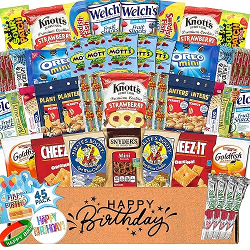 Birthday Snack Box Variety Pack with Chips, Cookies & Bars (45 Count) - Birthday Care Package for College Students, Adults, Kids & Teens - Gift Basket