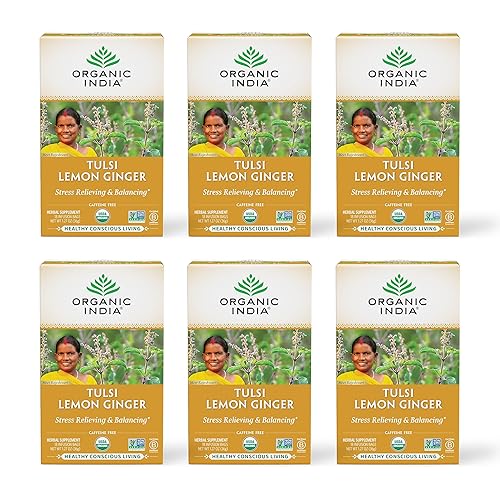 Organic India Tulsi Lemon Ginger Tea Bags - Herbal Tea, Stress Relieving & Reviving, Immune Support, Aids Digestion, Vegan, USDA Certified Organic