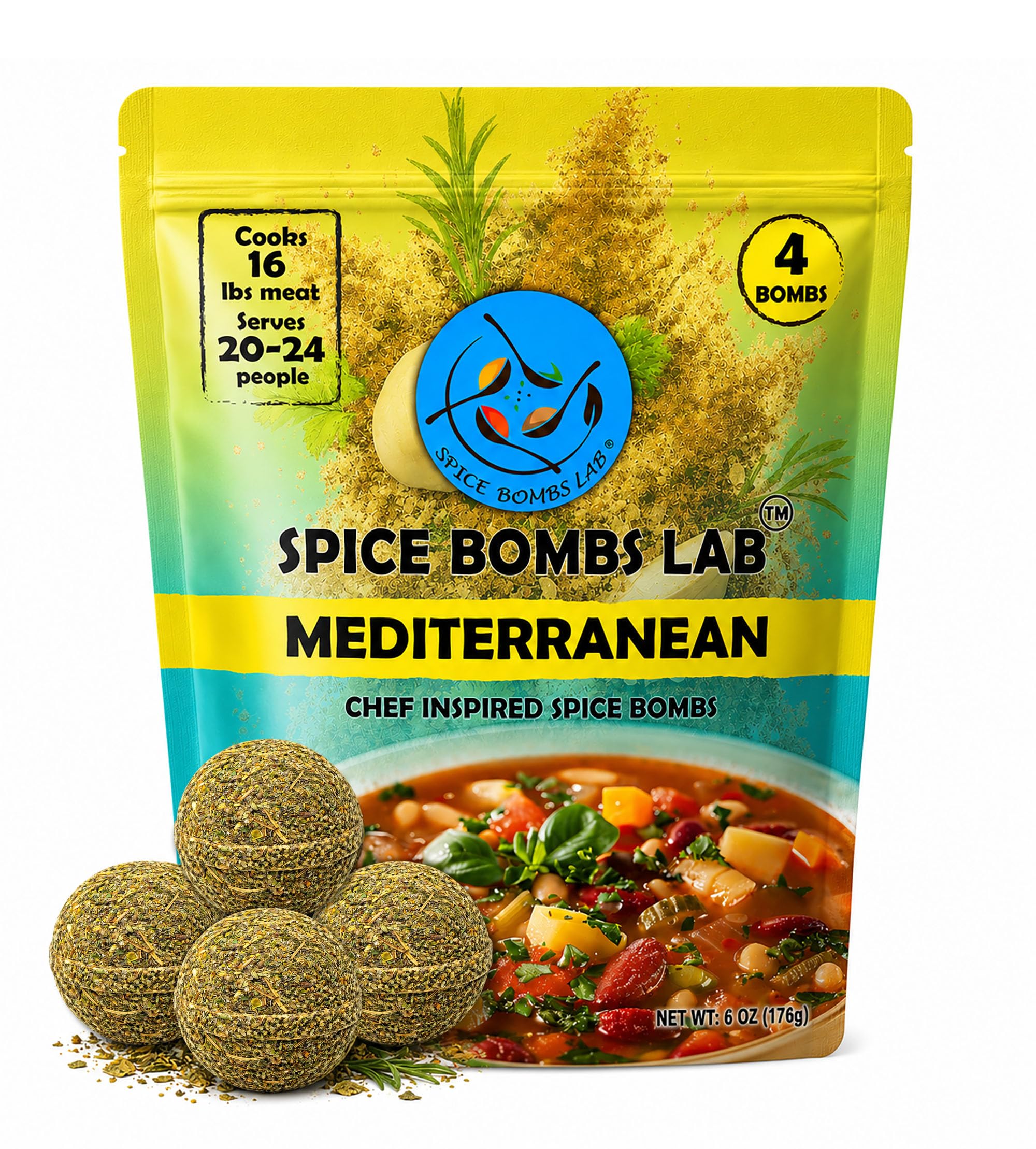 Mediterranean Spice Bombs Seasoning Pack of 4 - Chef-Crafted All-Purpose Spice Mix, Drop-In Flavor for Soups, Stews & Marinades, Pre-Portioned
