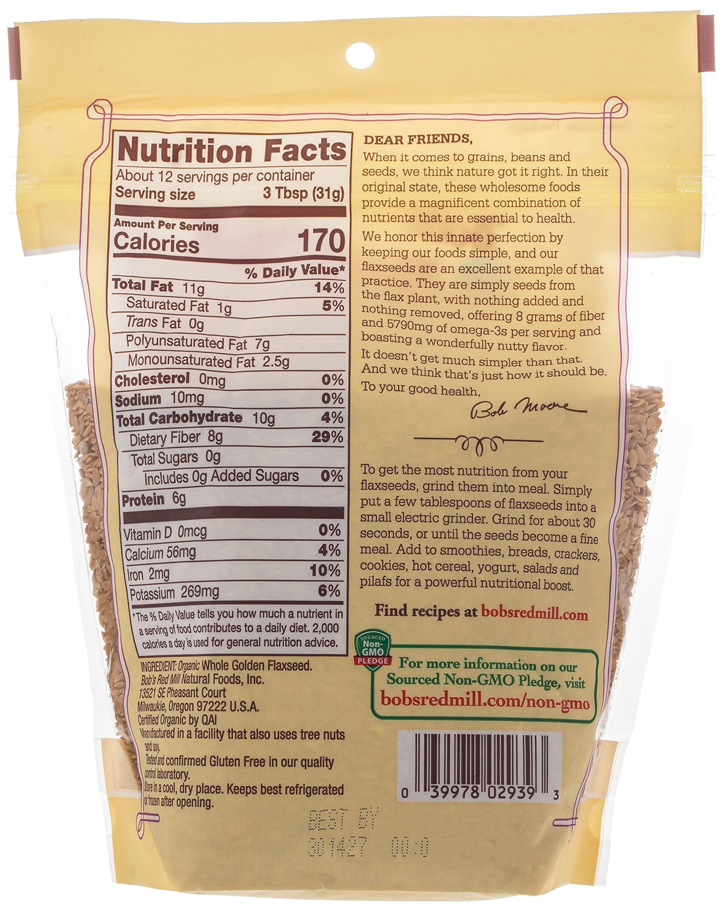 Bob's Red Mill Organic Golden Flaxseeds, Resealable Stand up Bag, 13 OZ (Pack - 6)