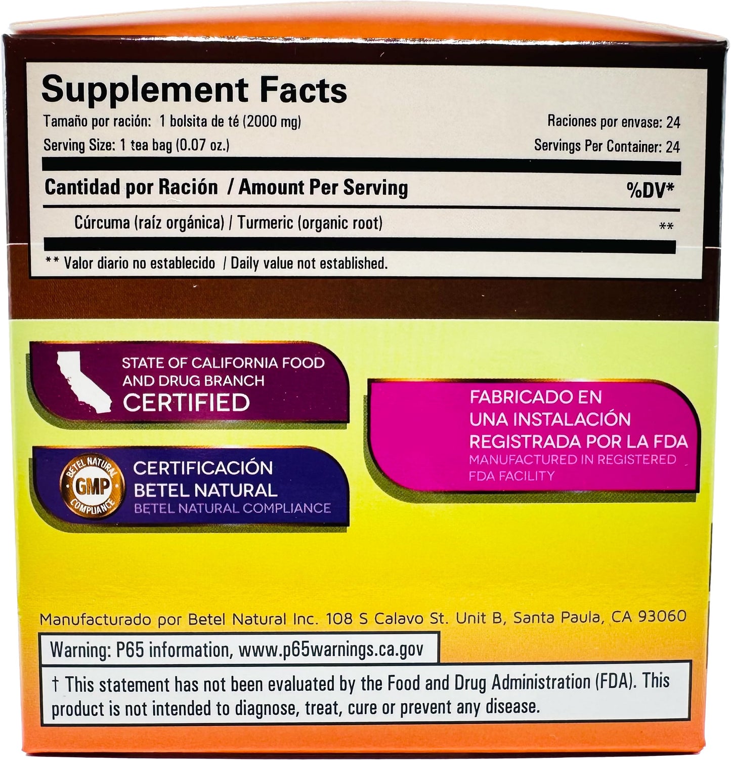 Betel Natural Curcuma Turmeric Tea Amazing Inflammation Support - 24 Tea Bags